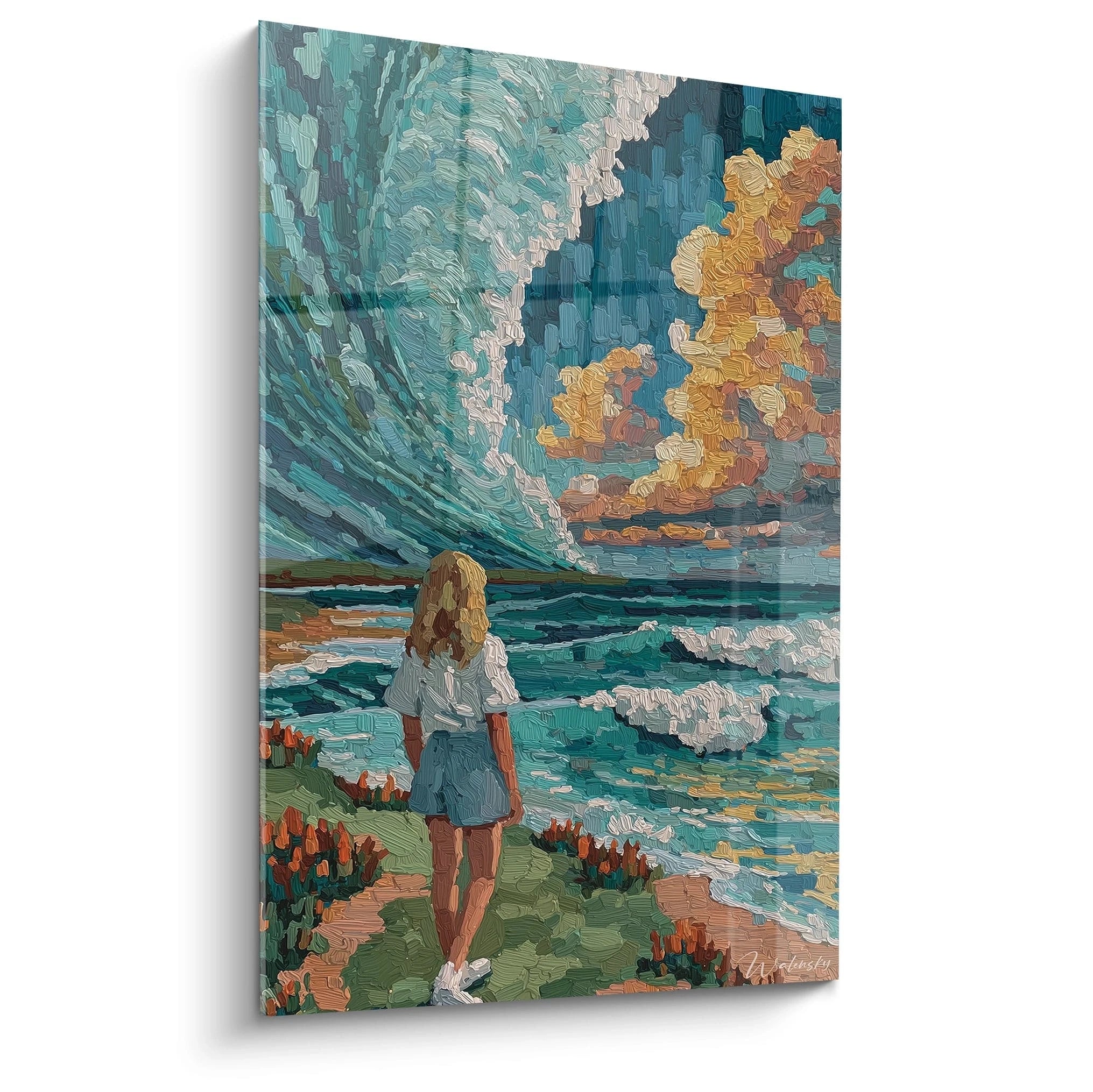 Tableau mural Walensky représentant une femme sur la côte face à une vague surréaliste tableau femme sirène terrestre