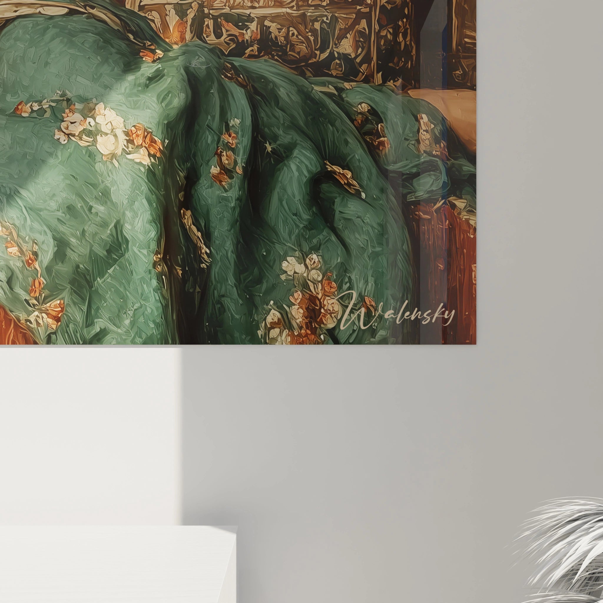 tableau femme orientalisme Walensky représentant drapé vert à fleurs sur toile murale élégante