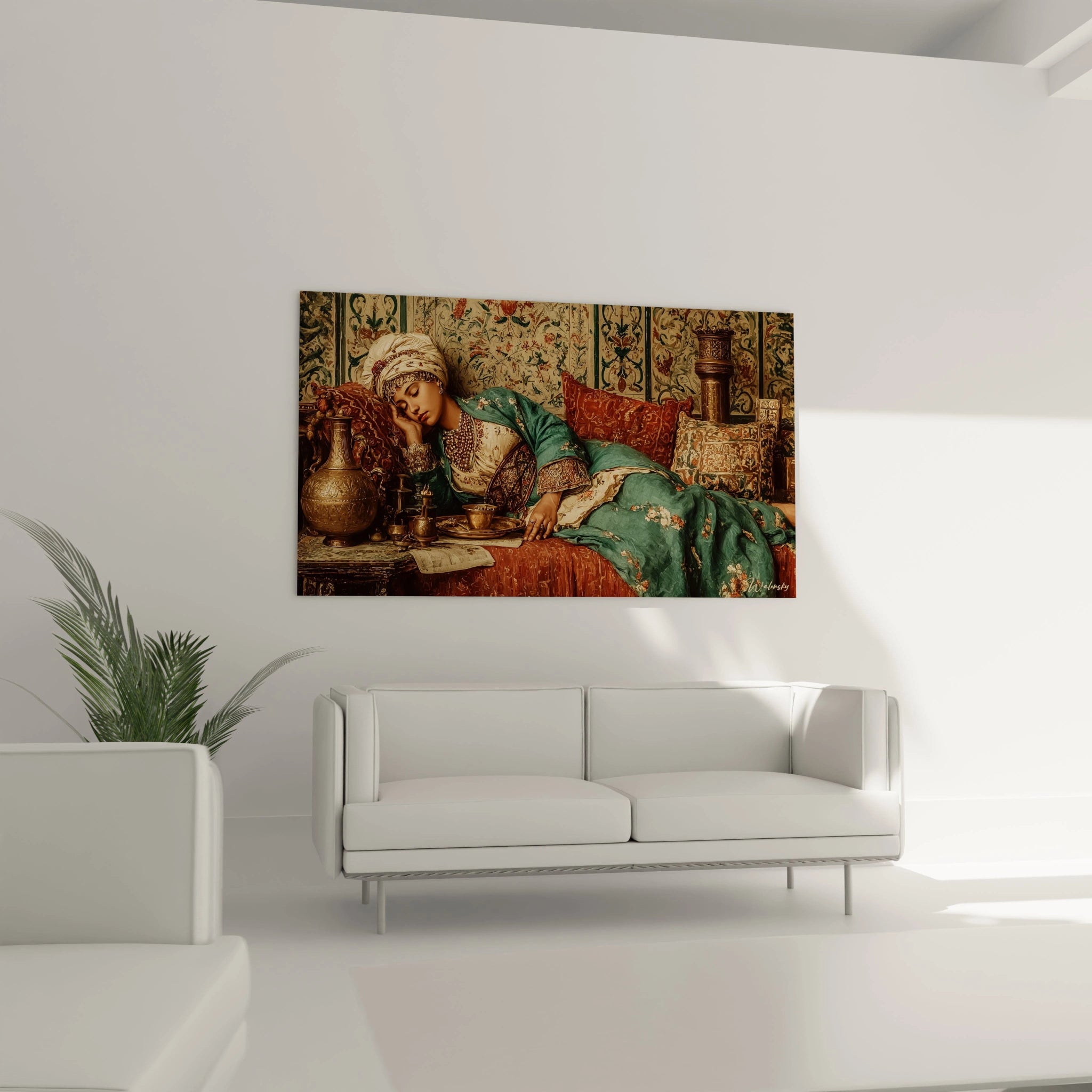 Tableau mural Walensky montrant une femme allongée sur des coussins et vases orientaux tableau femme orientalisme pour salon