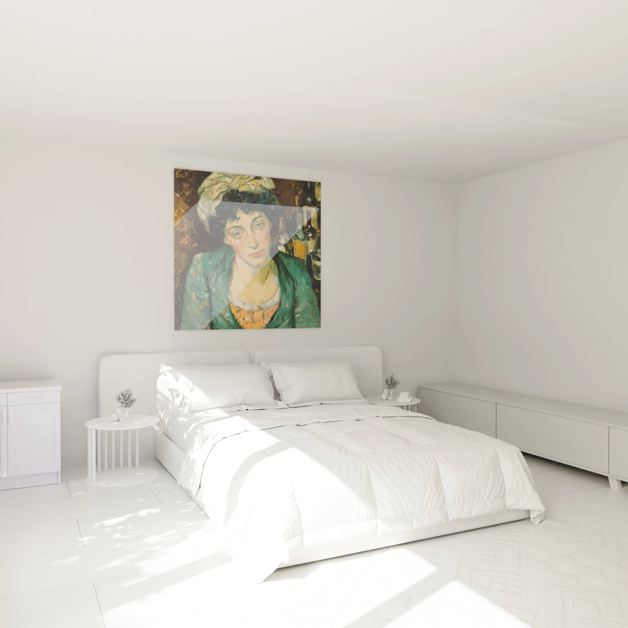 tableau femme bohème mural représentant une silhouette marchant sur une falaise colorée dans une chambre blanche minimaliste