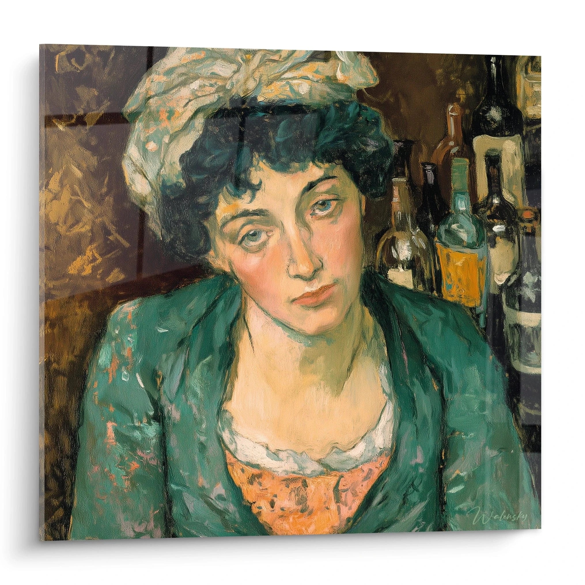 tableau femme bohème Walensky peinture murale toile portrait d une femme au regard rêveur tons verts et bouteilles