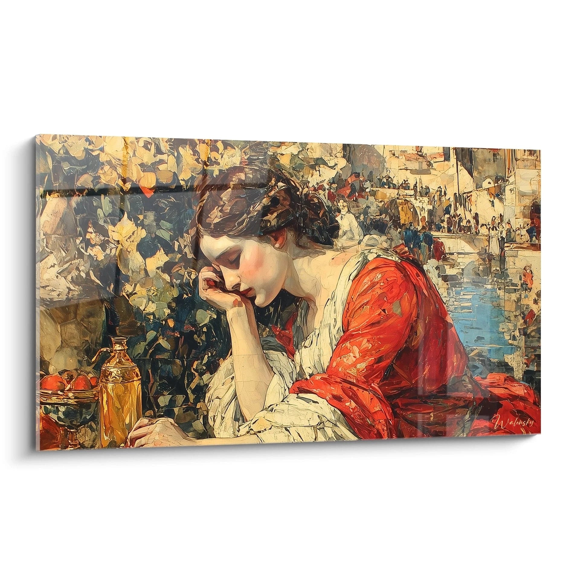 tableau femme renaissance italienne Walensky tableau mural représentant une femme en robe rouge penchée sur une nature morte