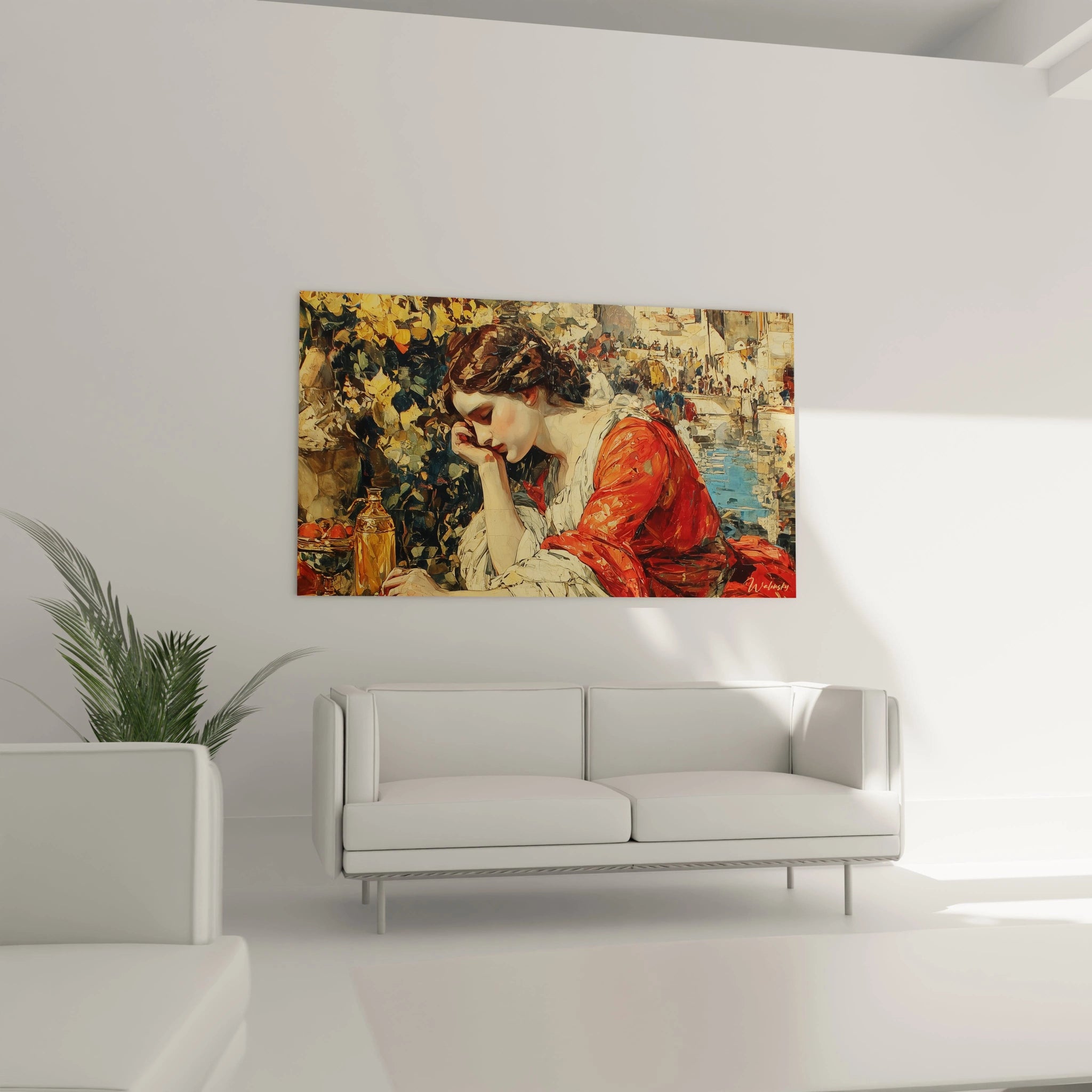 Walensky tableau femme renaissance italienne mural représentant une femme en robe rouge au bord de l eau dans un salon moderne