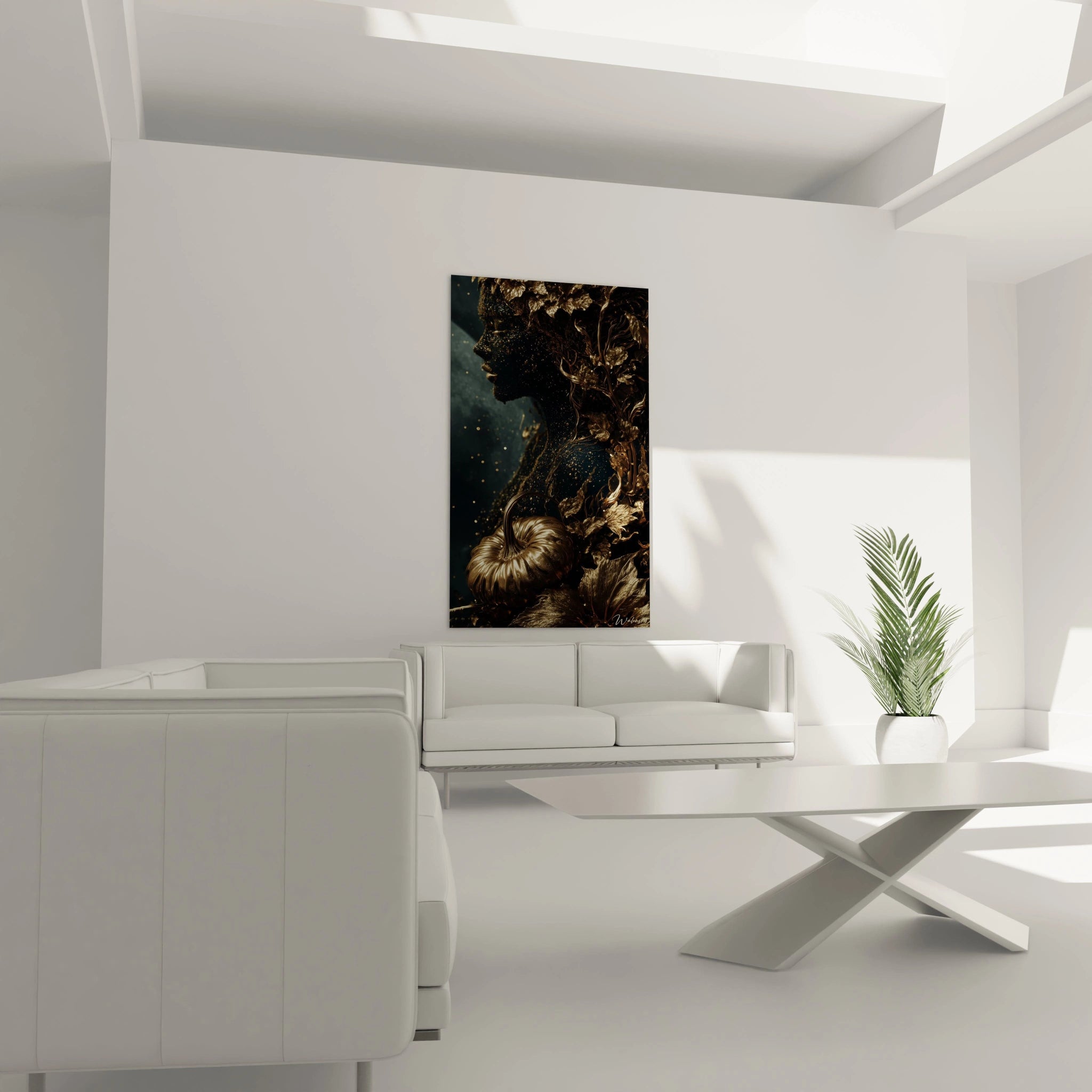 tableau mural femme halloween Walensky portrait stylisé en bleu et or décoration murale moderne pour salon