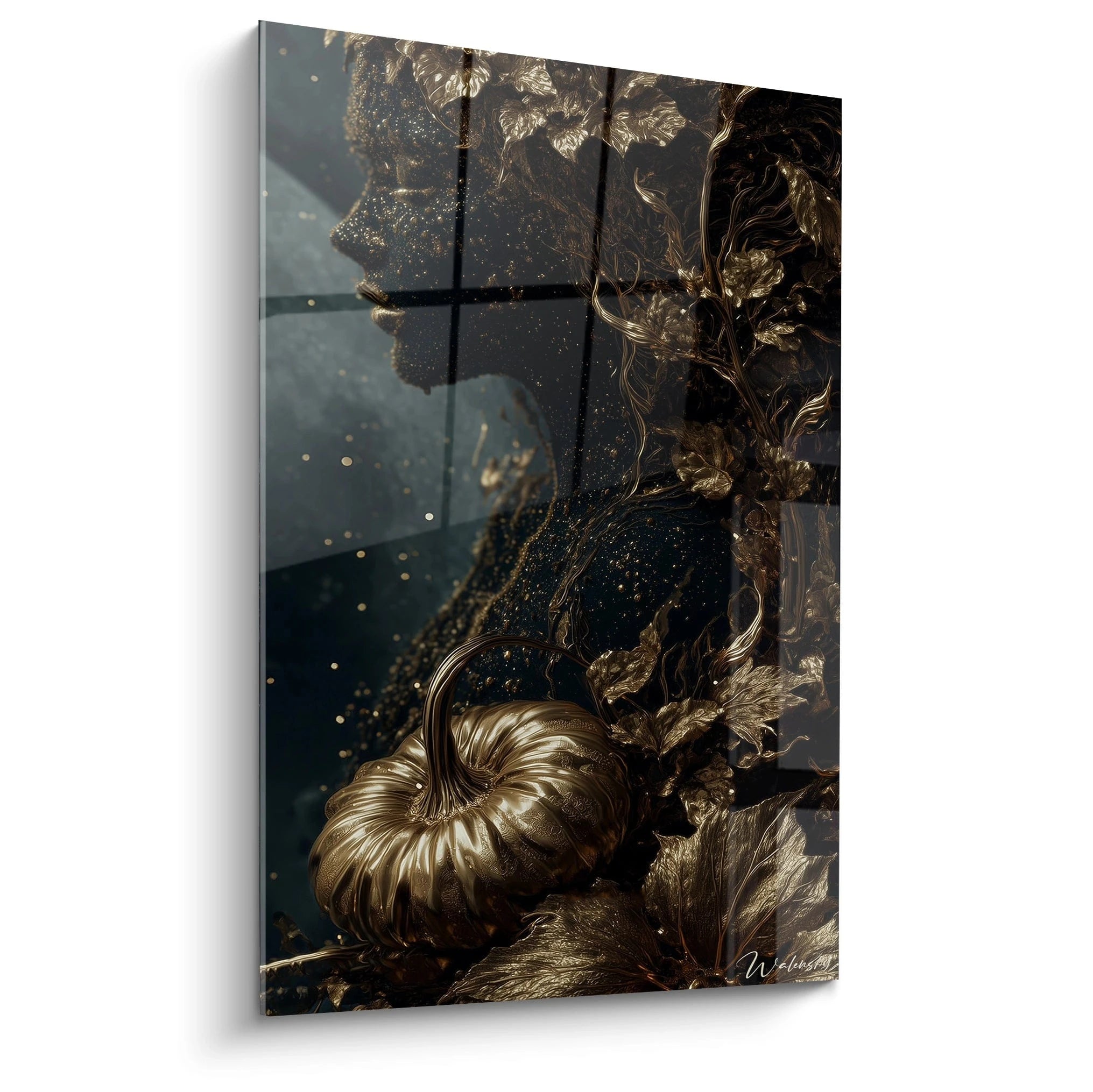 Tableau mural femme halloween Walensky profil féminin doré avec citrouille et feuilles