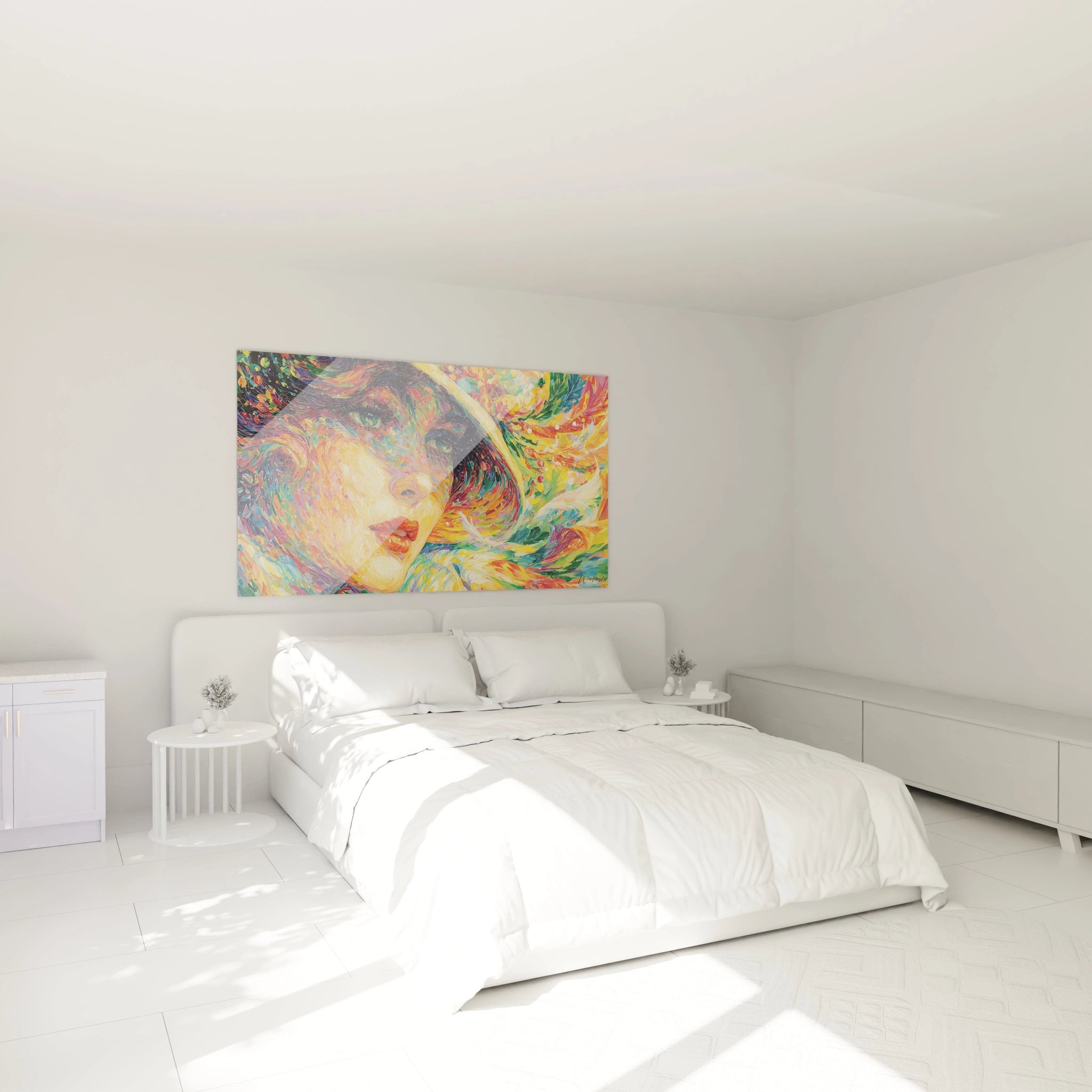 tableau femme spirale magique Walensky grand portrait colore au dessus d un lit double dans une chambre minimaliste blanche