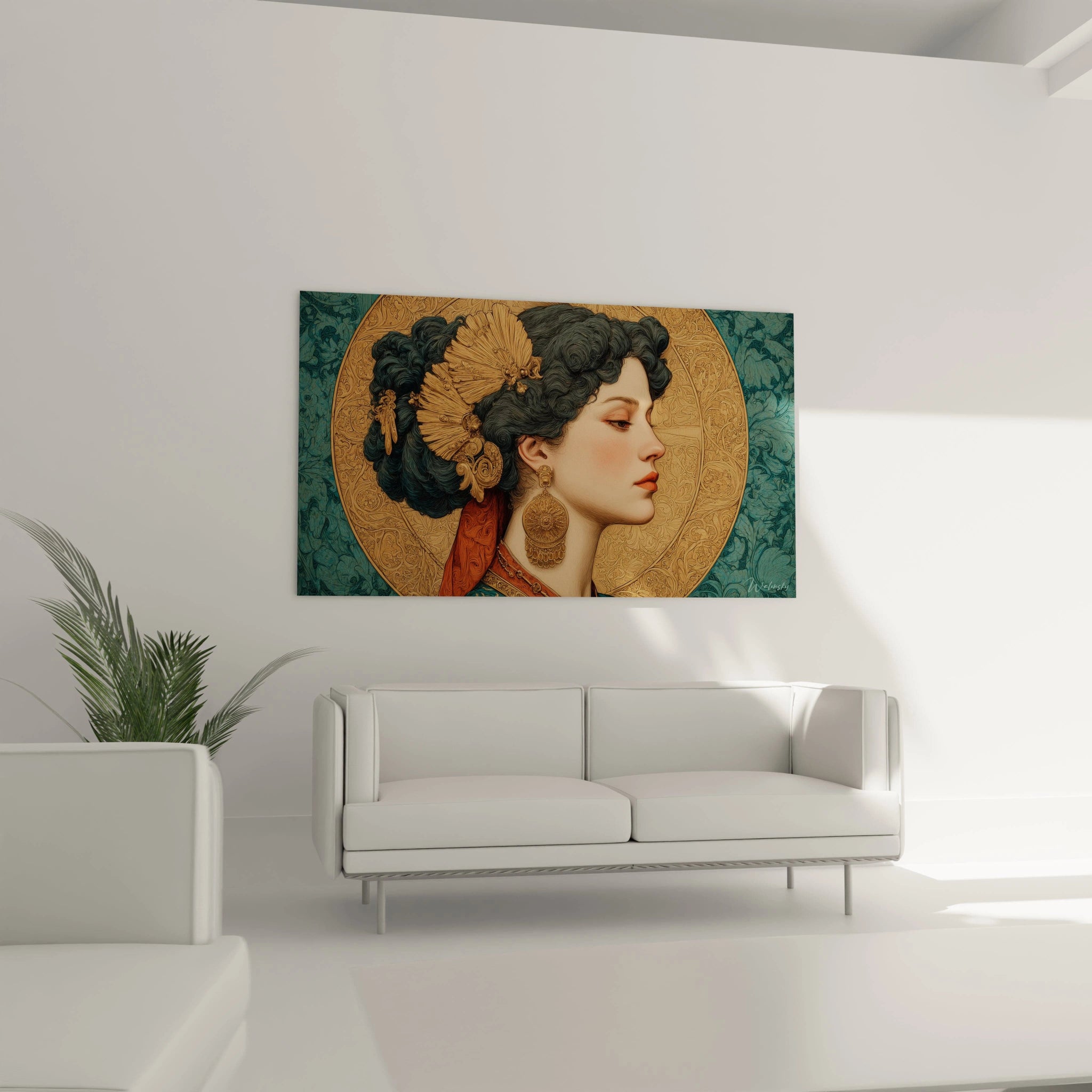 tableau art nouveau femme Walensky portrait mural de femme de profil avec coiffure florale sur fond vert et or