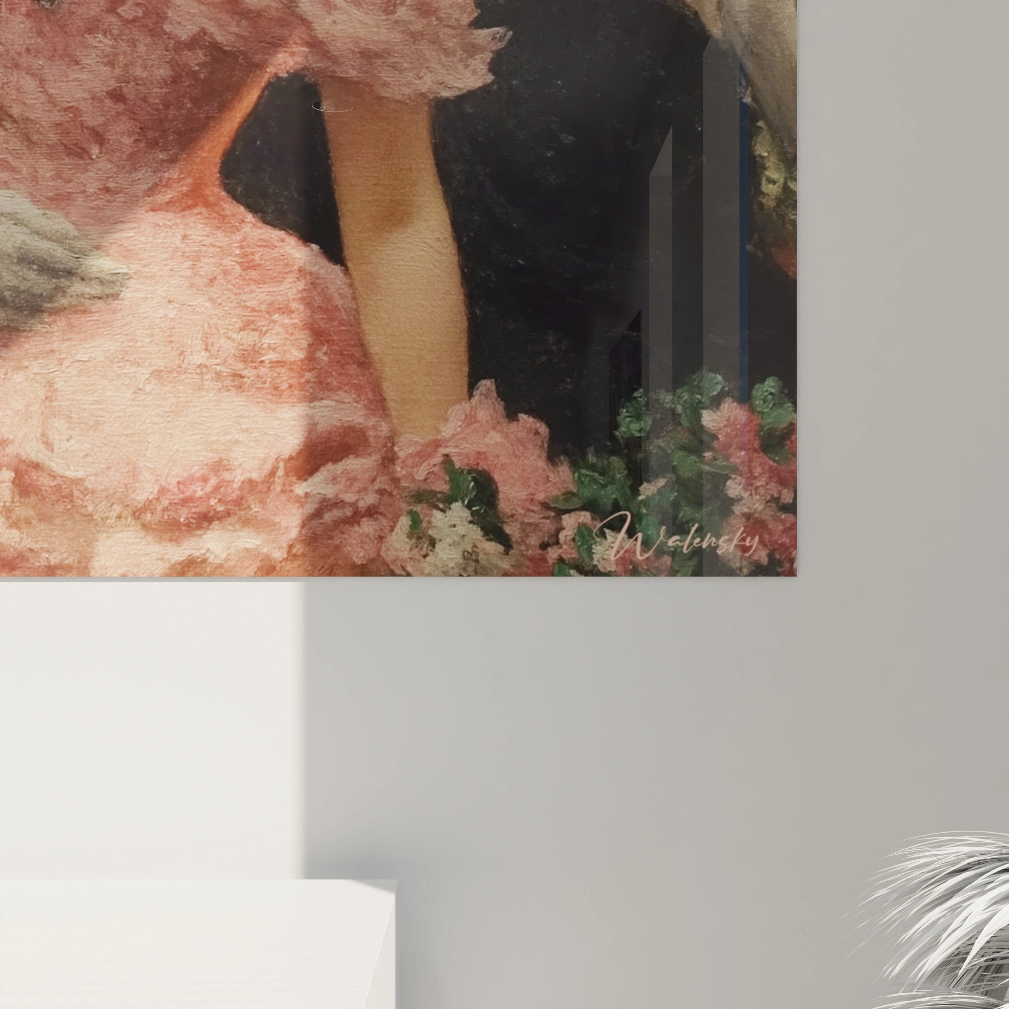 Walensky tableau femme élégante en robe rose avec bouquet floral peinture murale décor salon