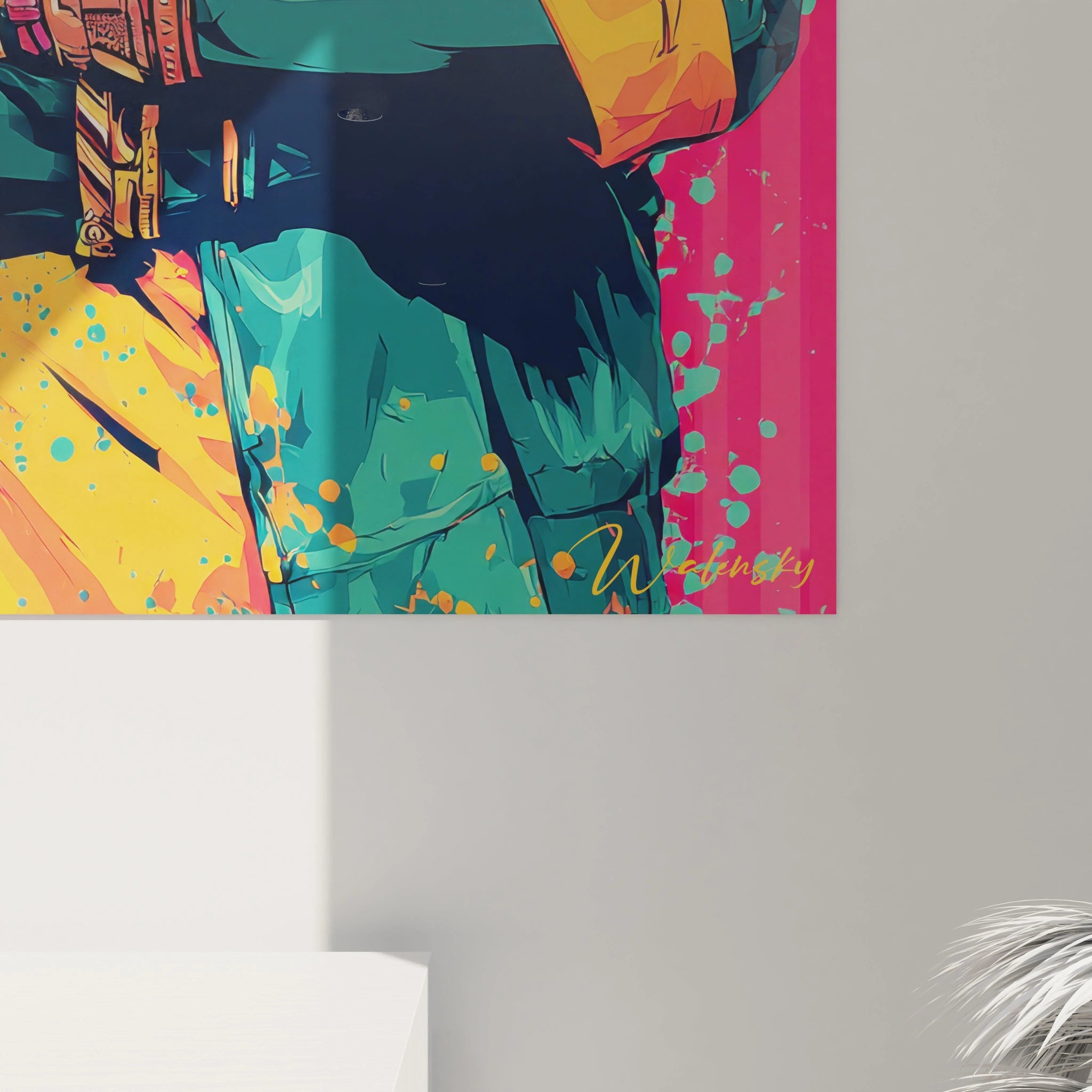 Tableau mural de femme en street art par Walensky avec des couleurs vives et des éclaboussures artistiques