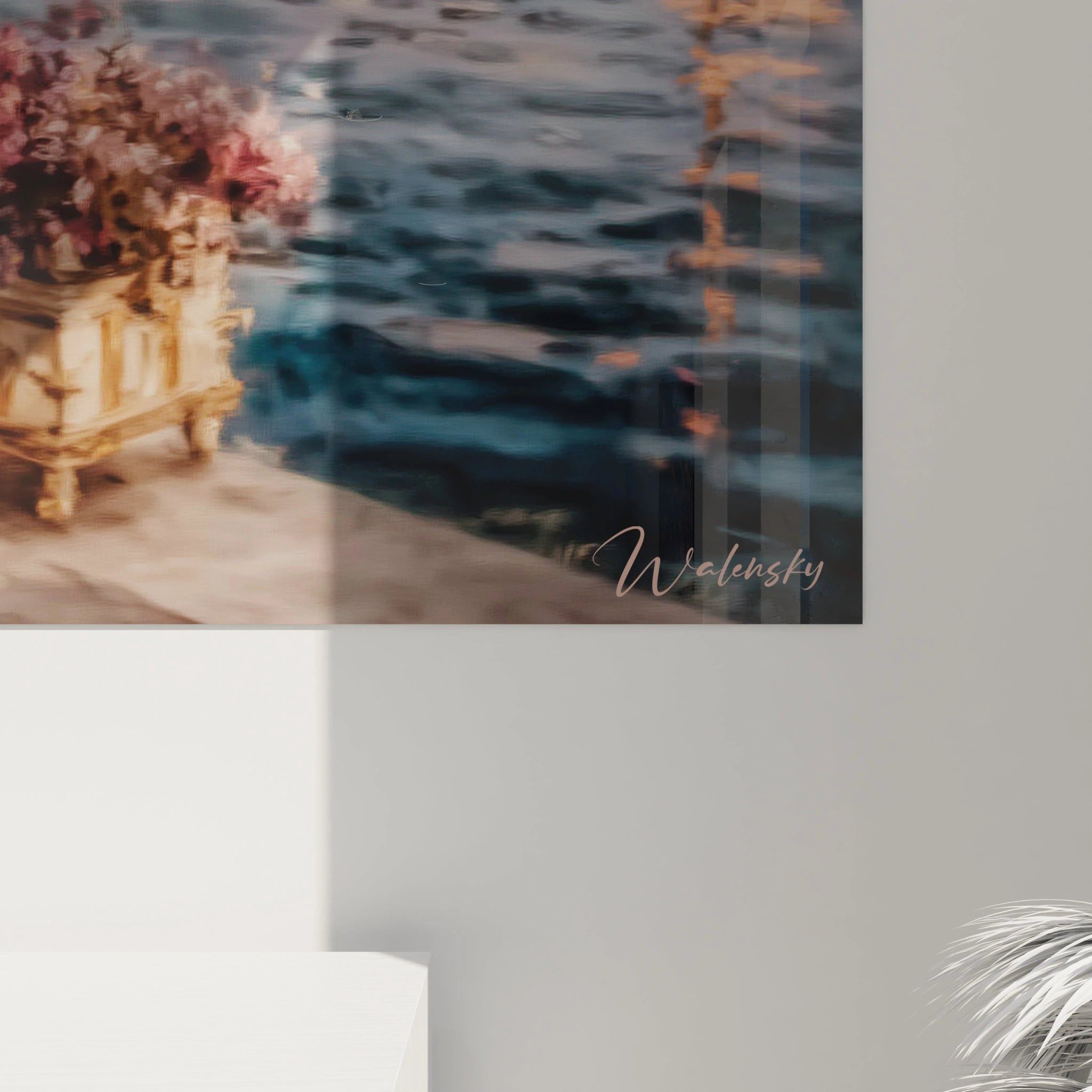 tableau femme terrasse Walensky tableau mural paysage terrasse fleurs pot au bord de l eau