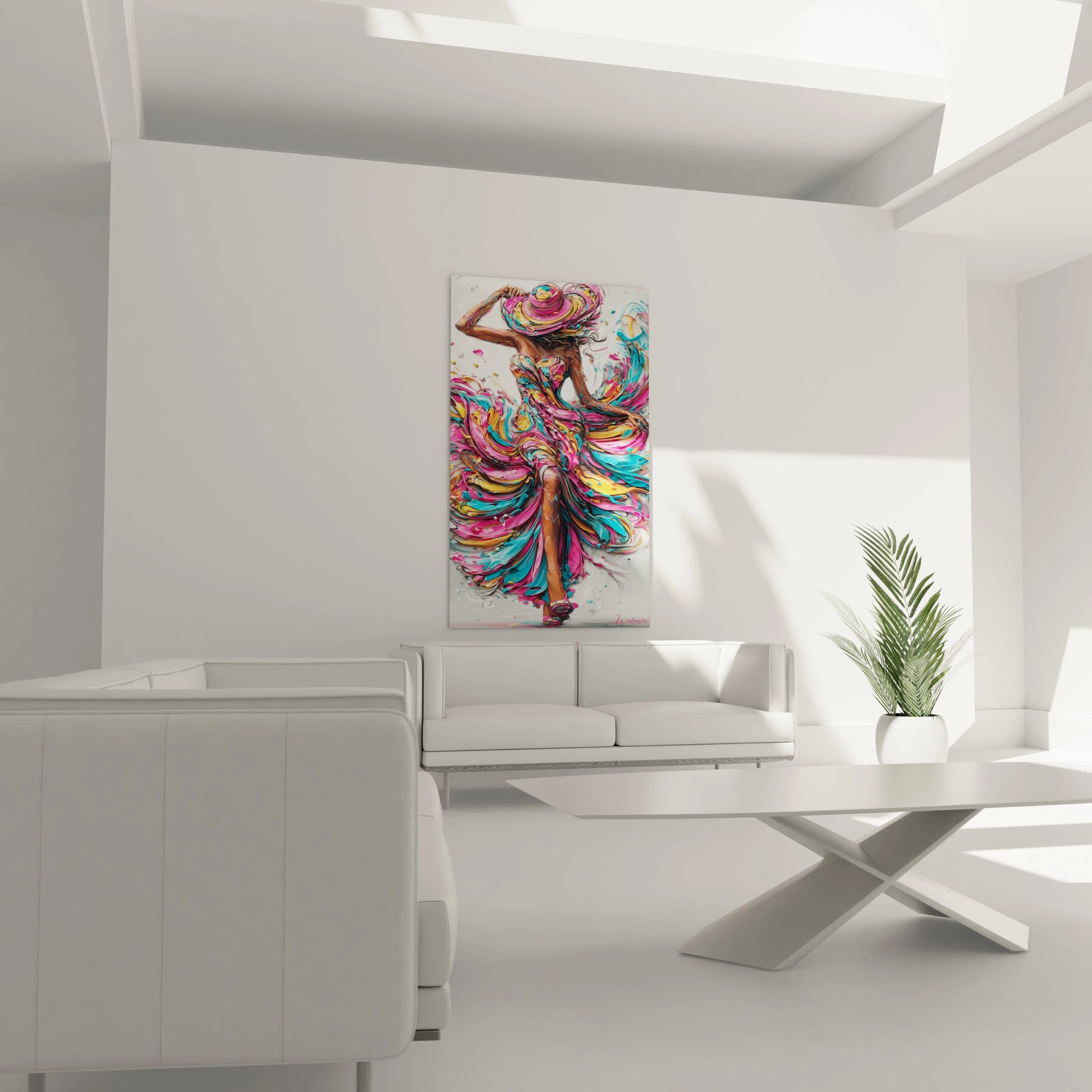 Tableau femme moderne coloré sur mur blanc dans un salon contemporain minimaliste