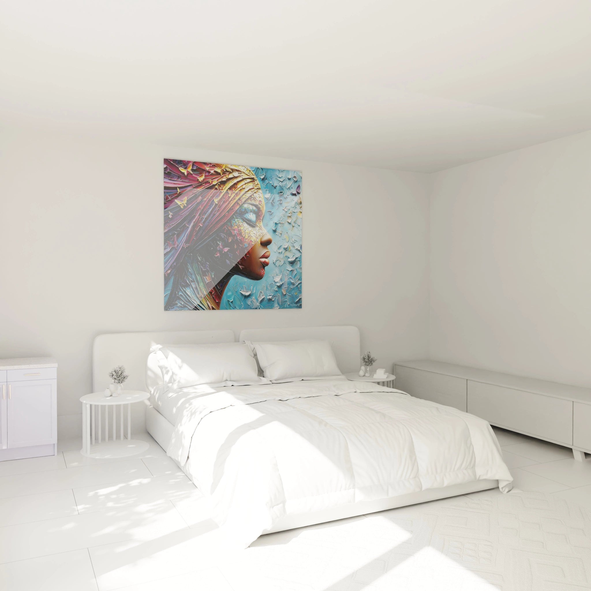 Tableau femme africaine contemporain de Walensky sur le mur d'une chambre moderne et lumineuse