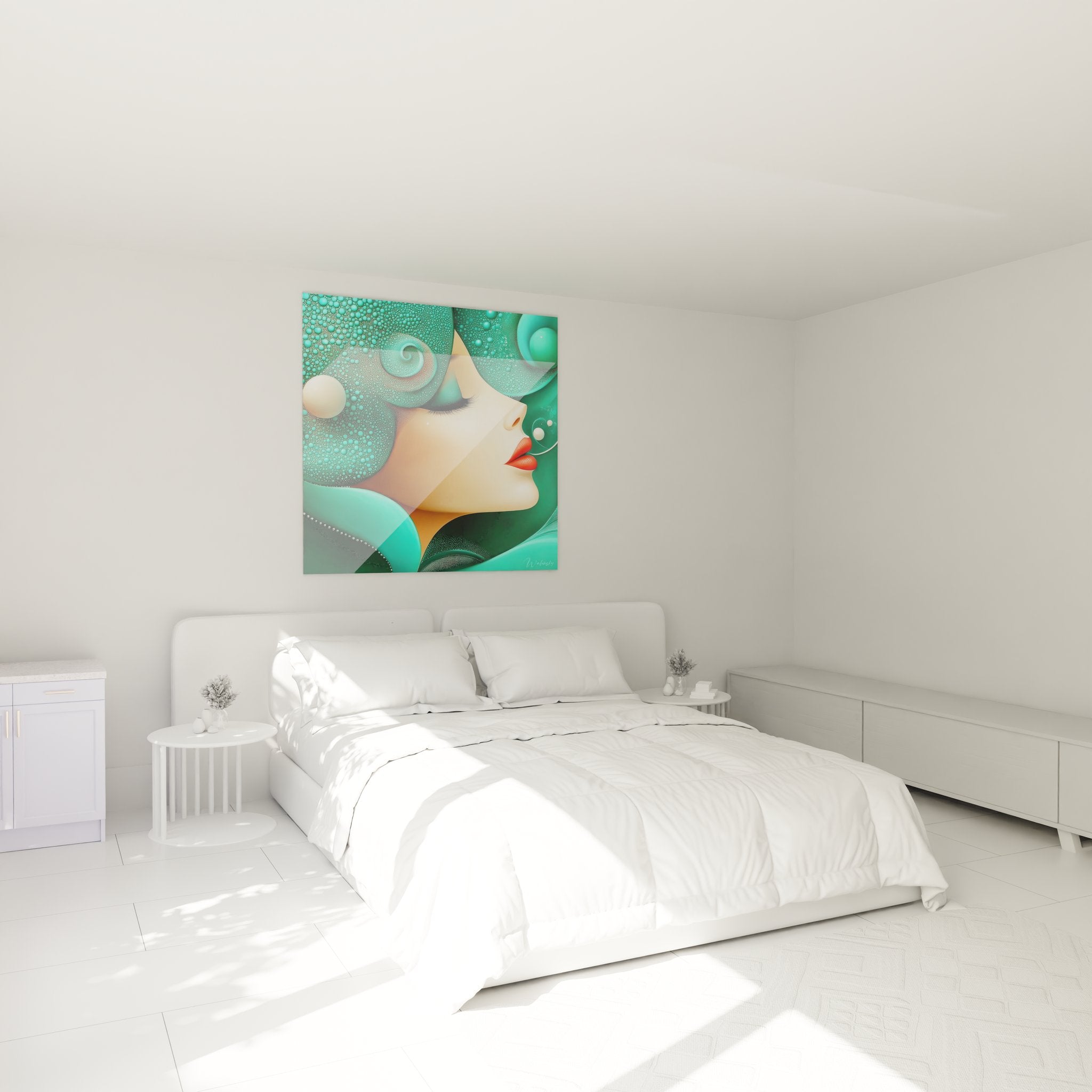 Tableau femme turquoise décorant chambre moderne ambiance art figuratif abstrait élégant raffiné