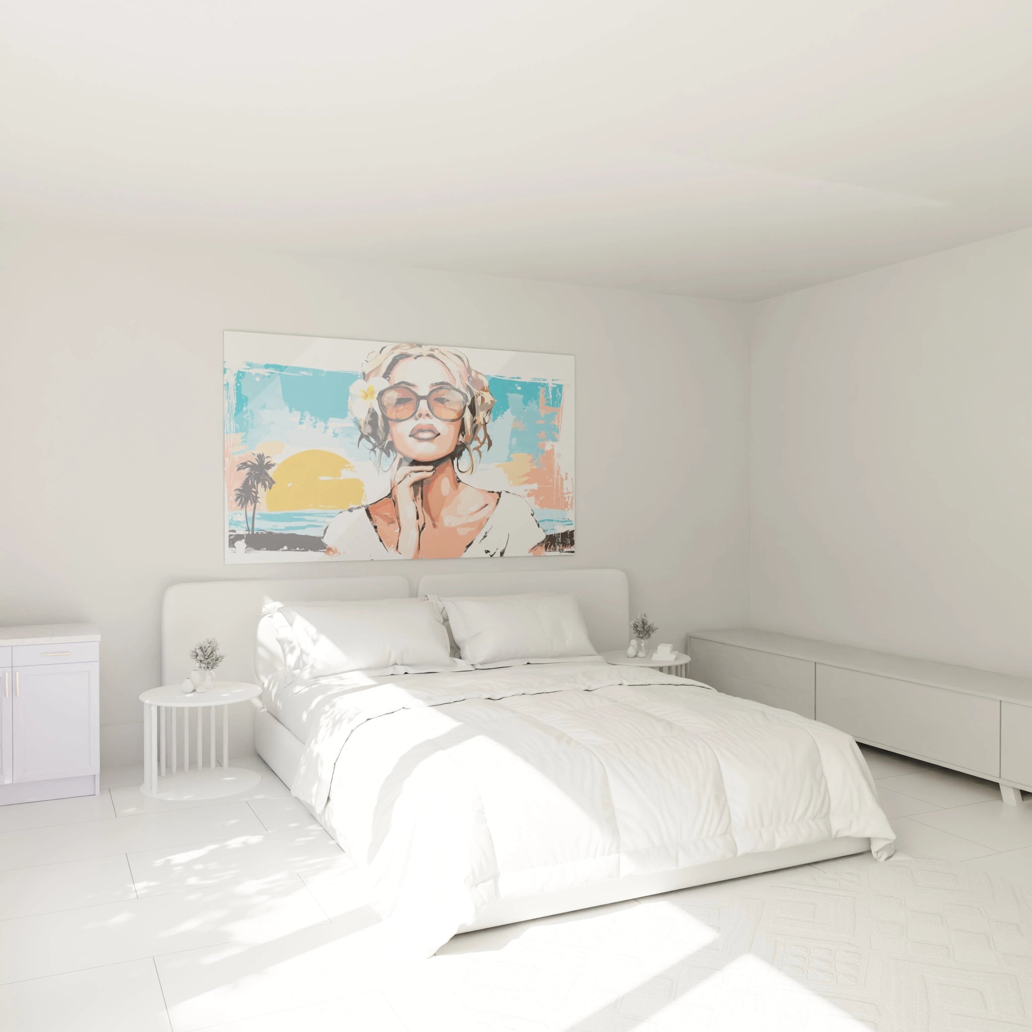 Tableau mural Walensky tableau femme glamour pop art lunettes de soleil plage coucher de soleil au dessus du lit