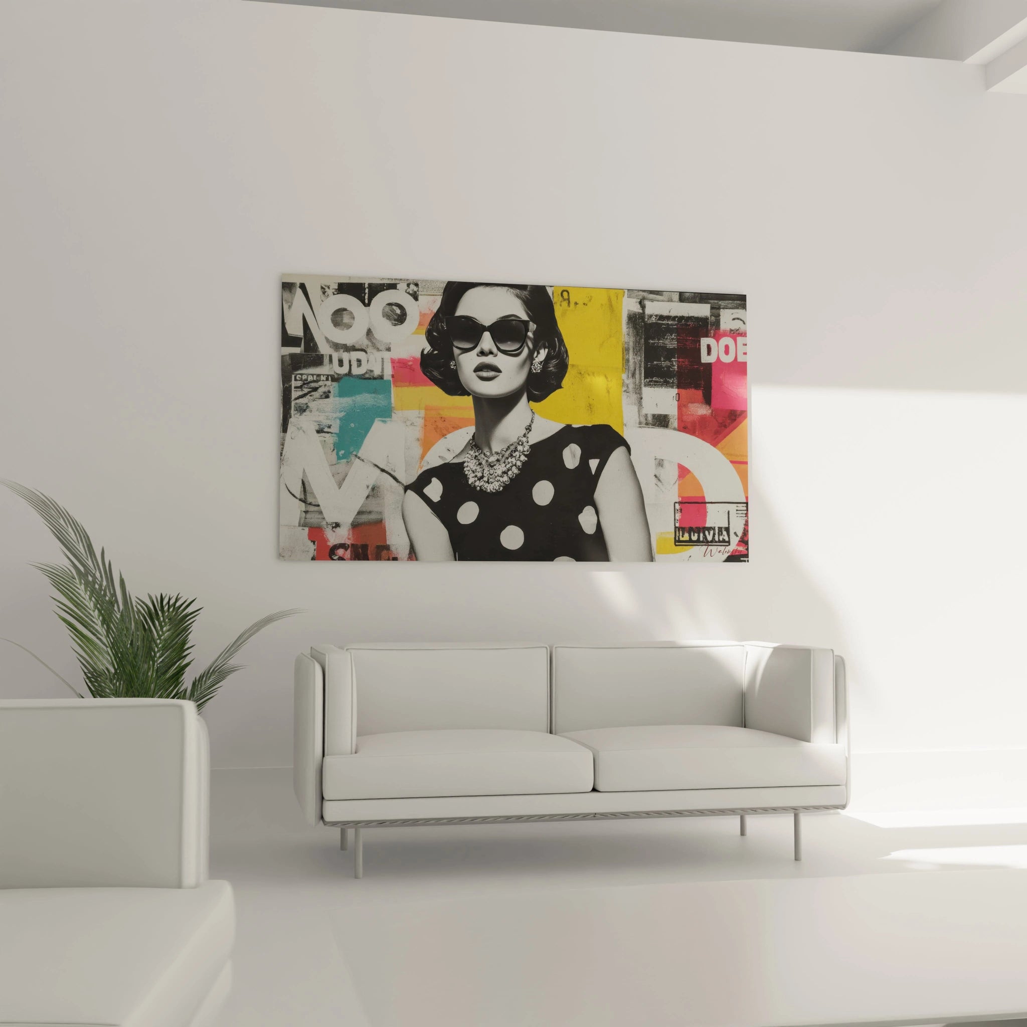 Tableau femme vintage de Walensky avec une femme en lunettes de soleil et vêtements à pois en décoration murale