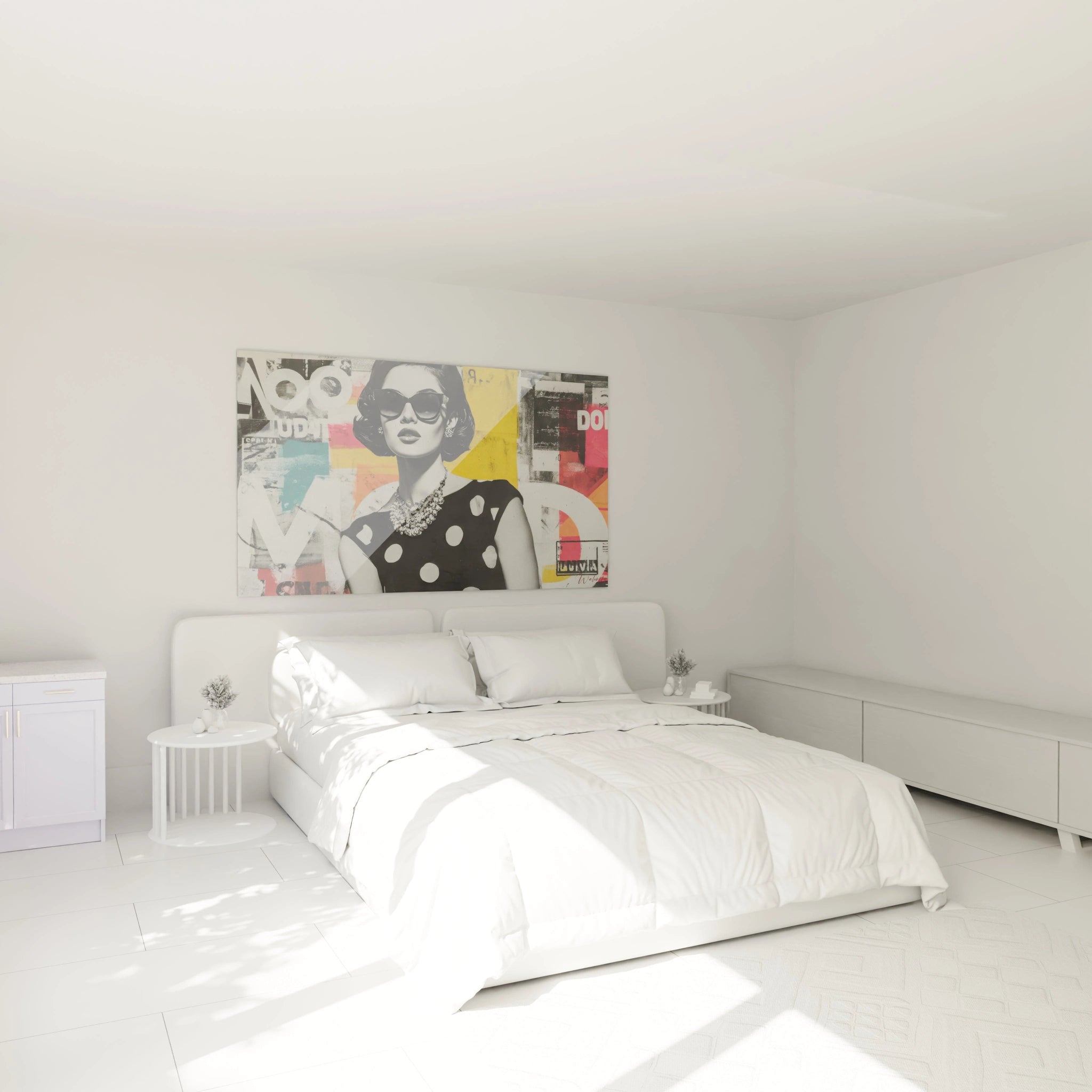Tableau femme vintage sur un mur blanc dans une chambre moderne et lumineuse avec un lit confortable