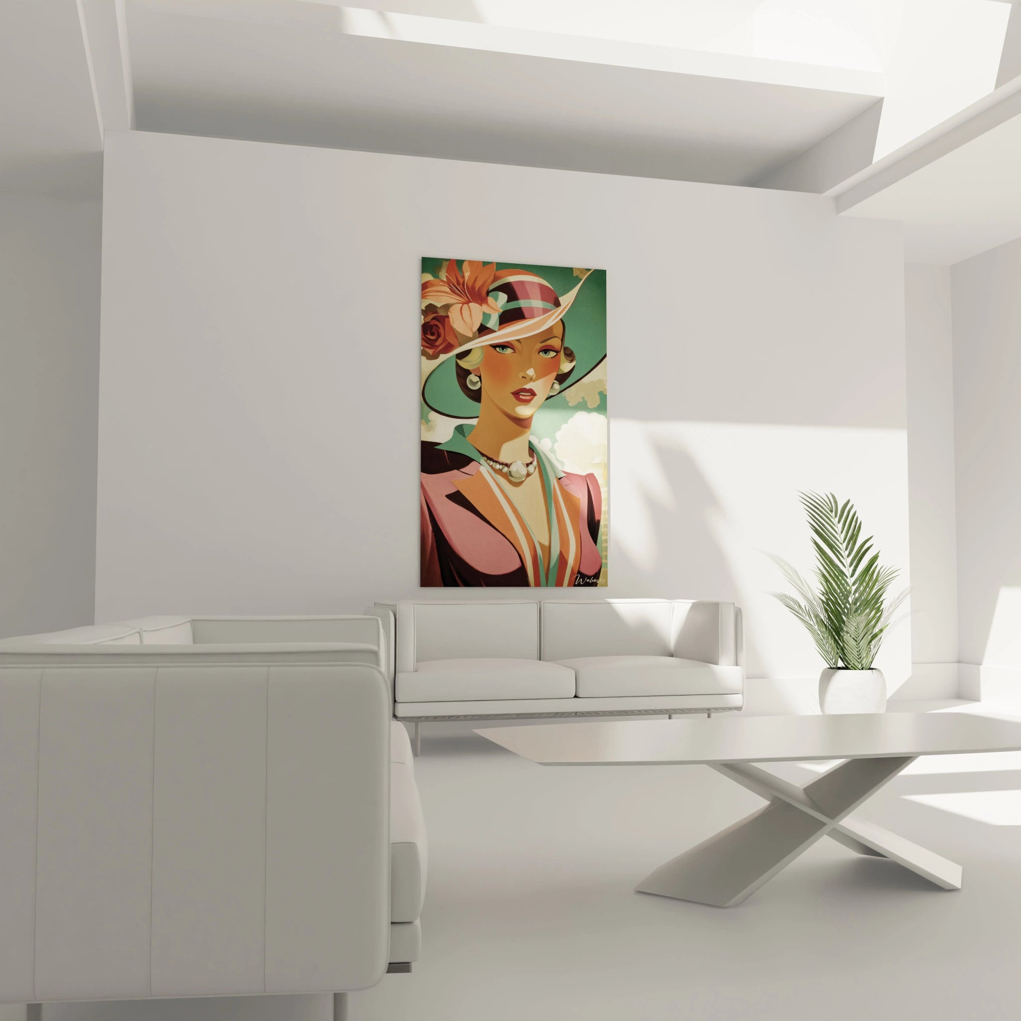 Tableau femme vintage de Walensky accroché sur un mur dans un salon moderne