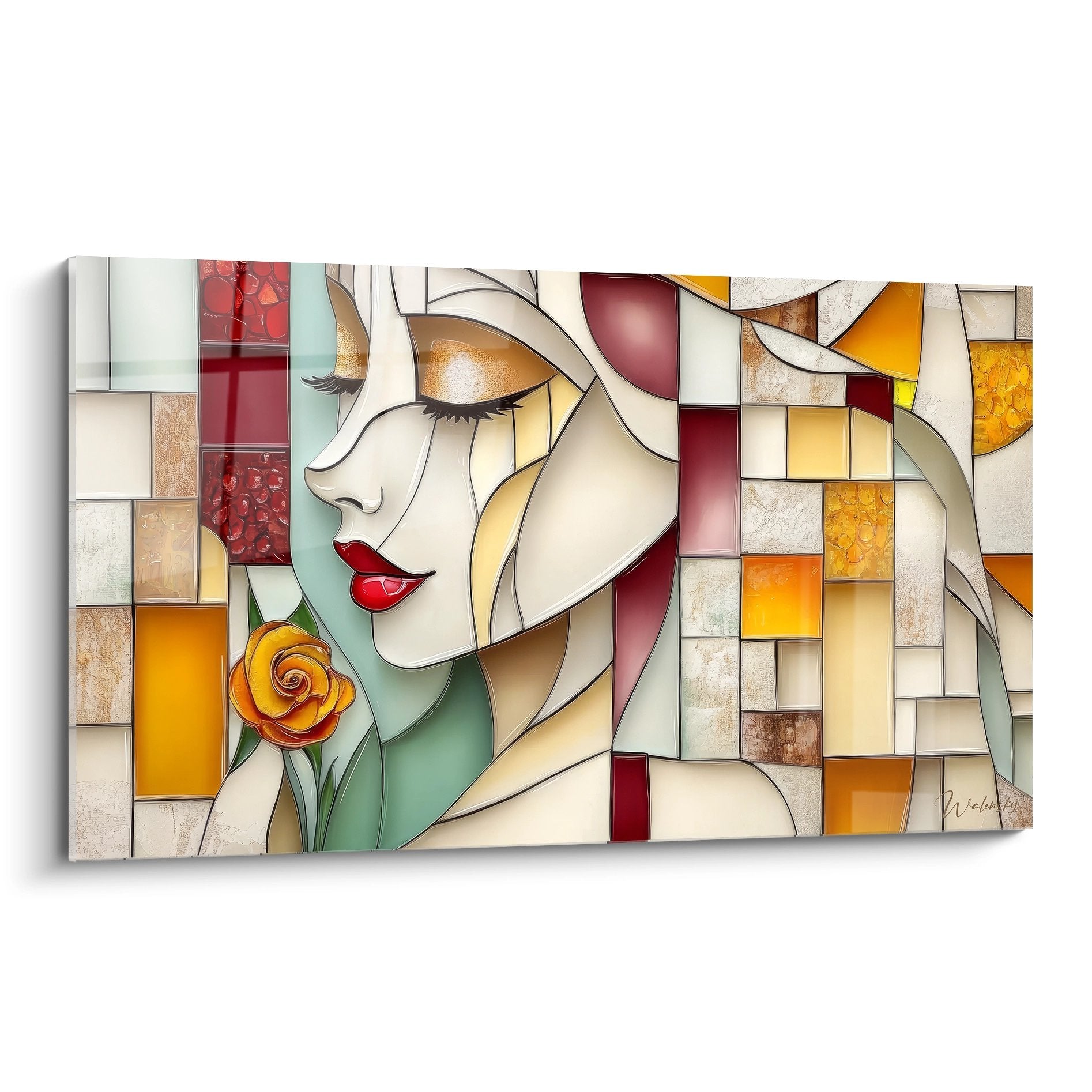 Tableau mural style vitraux femme Art Déco cheveux dorés rose orange fond géométrique coloré