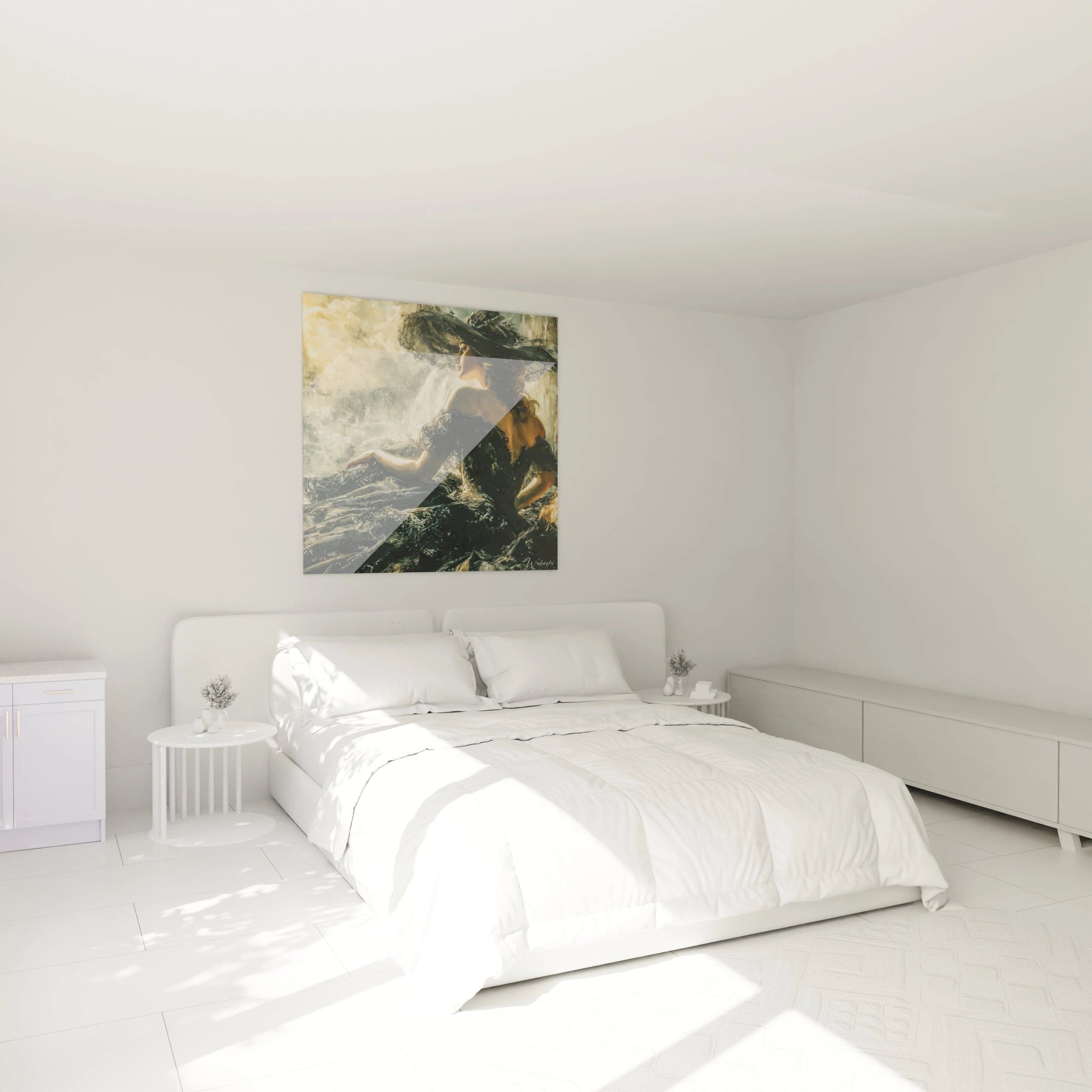 tableau gothique femme Walensky fixé au dessus de la tête de lit blanc dans une chambre minimaliste lumineuse