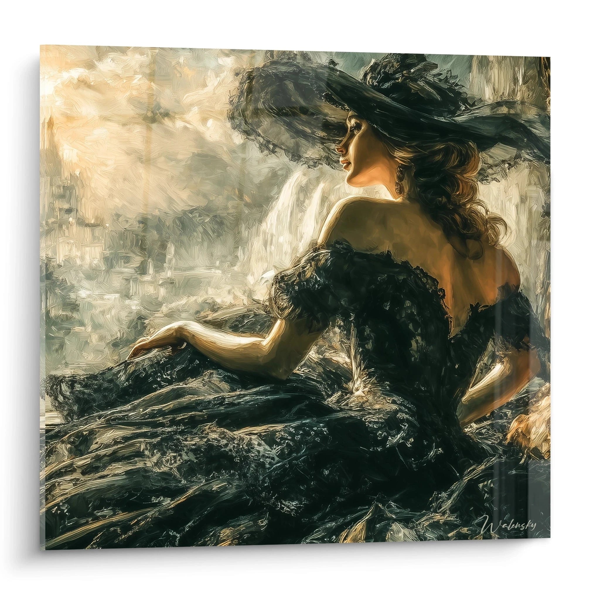Walensky tableau gothique femme peinture murale d'une femme en robe noire victorienne et grand chapeau