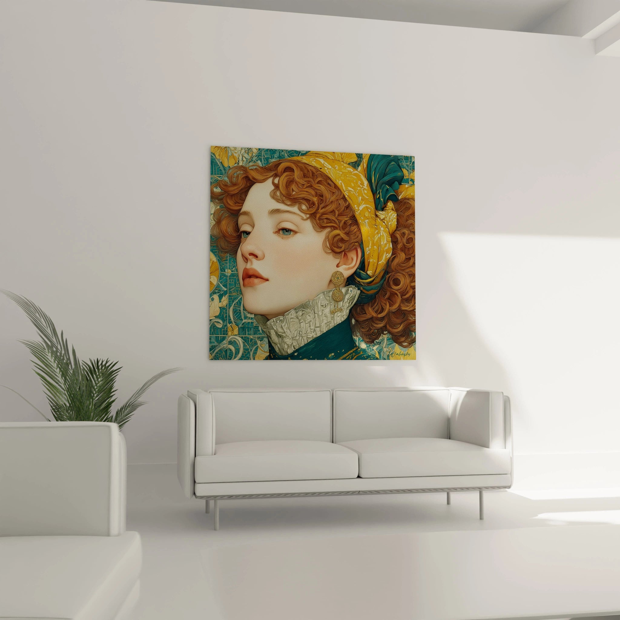 Walensky tableau art nouveau femme portrait rousse au turban jaune sur fond floral decoratif pour salon