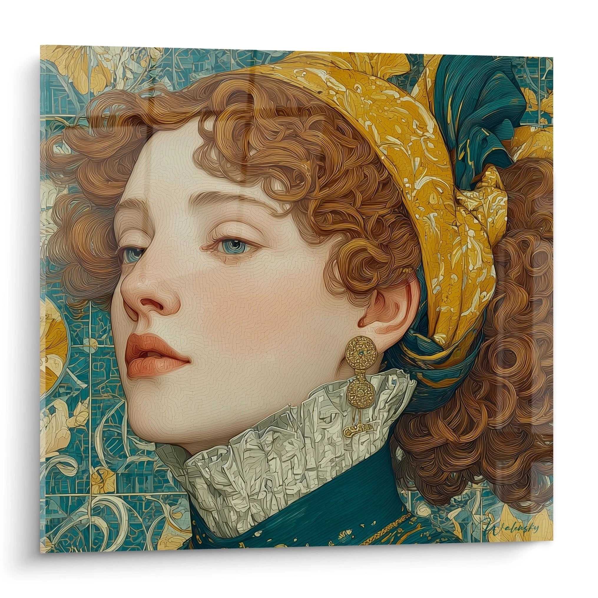 Tableau mural Walensky portrait stylise d une femme aux cheveux boucles foulard jaune et col plisse tableau art nouveau femme