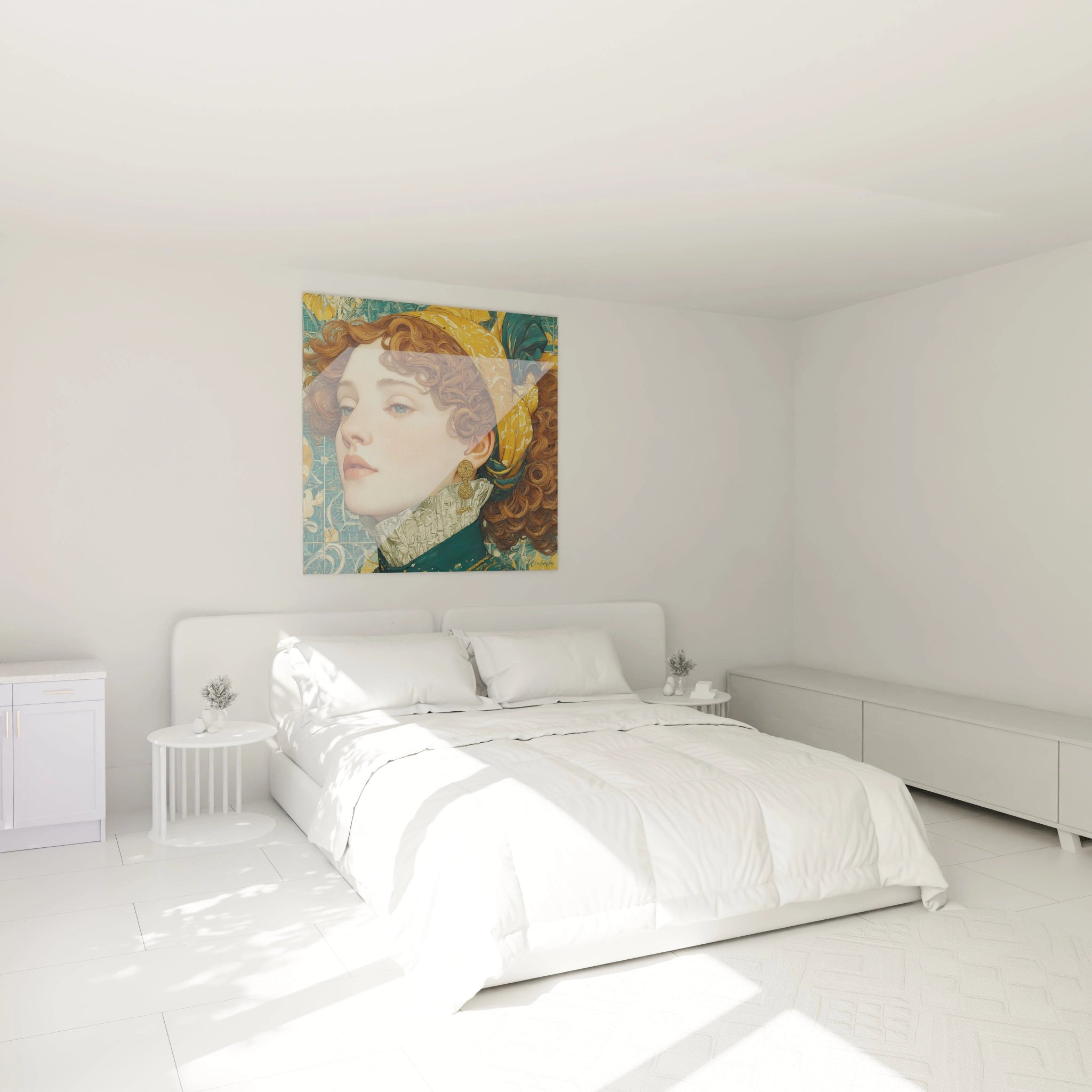 tableau art nouveau femme Walensky accroché au dessus d un lit blanc dans une chambre minimaliste portrait orné couleurs chaudes