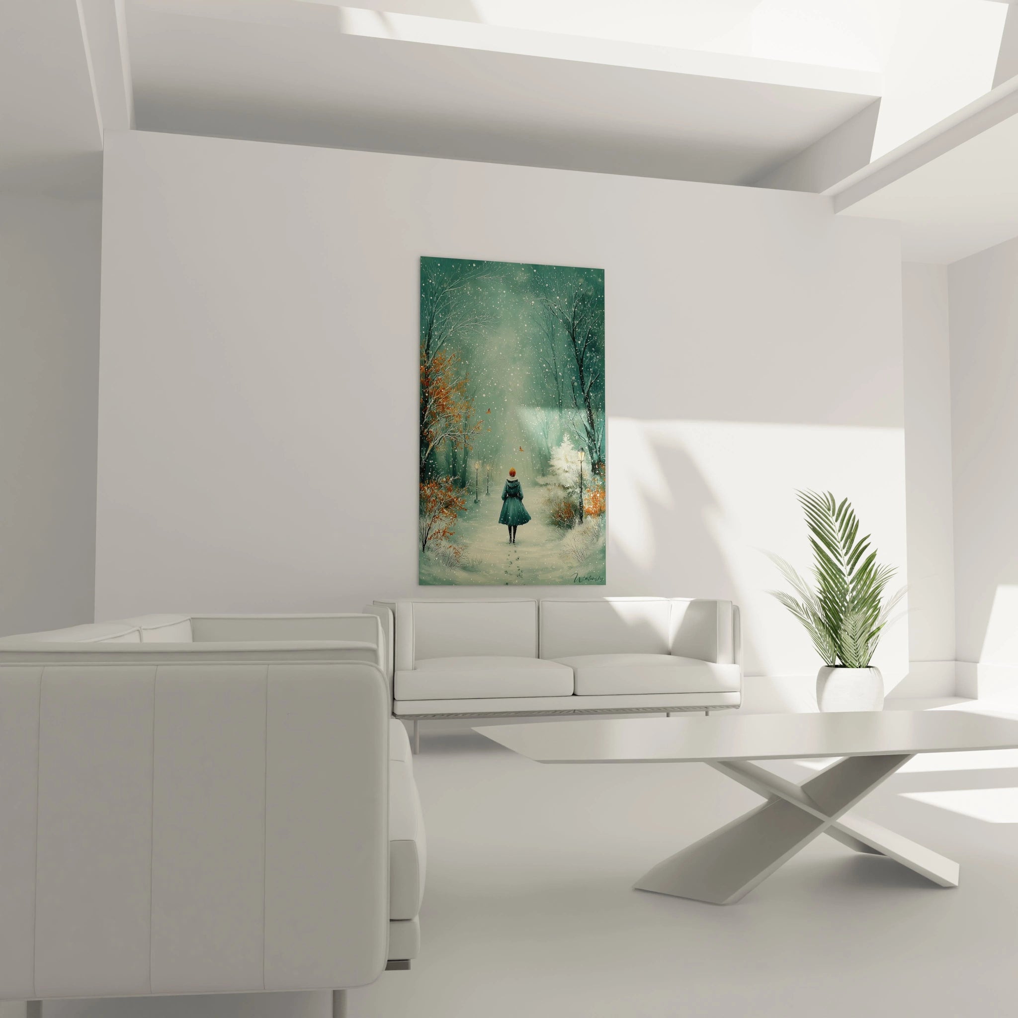 Tableau mural Walensky dans un salon minimal montrant une femme marchant dans une forêt enneigée tableau femme voyage intérieur