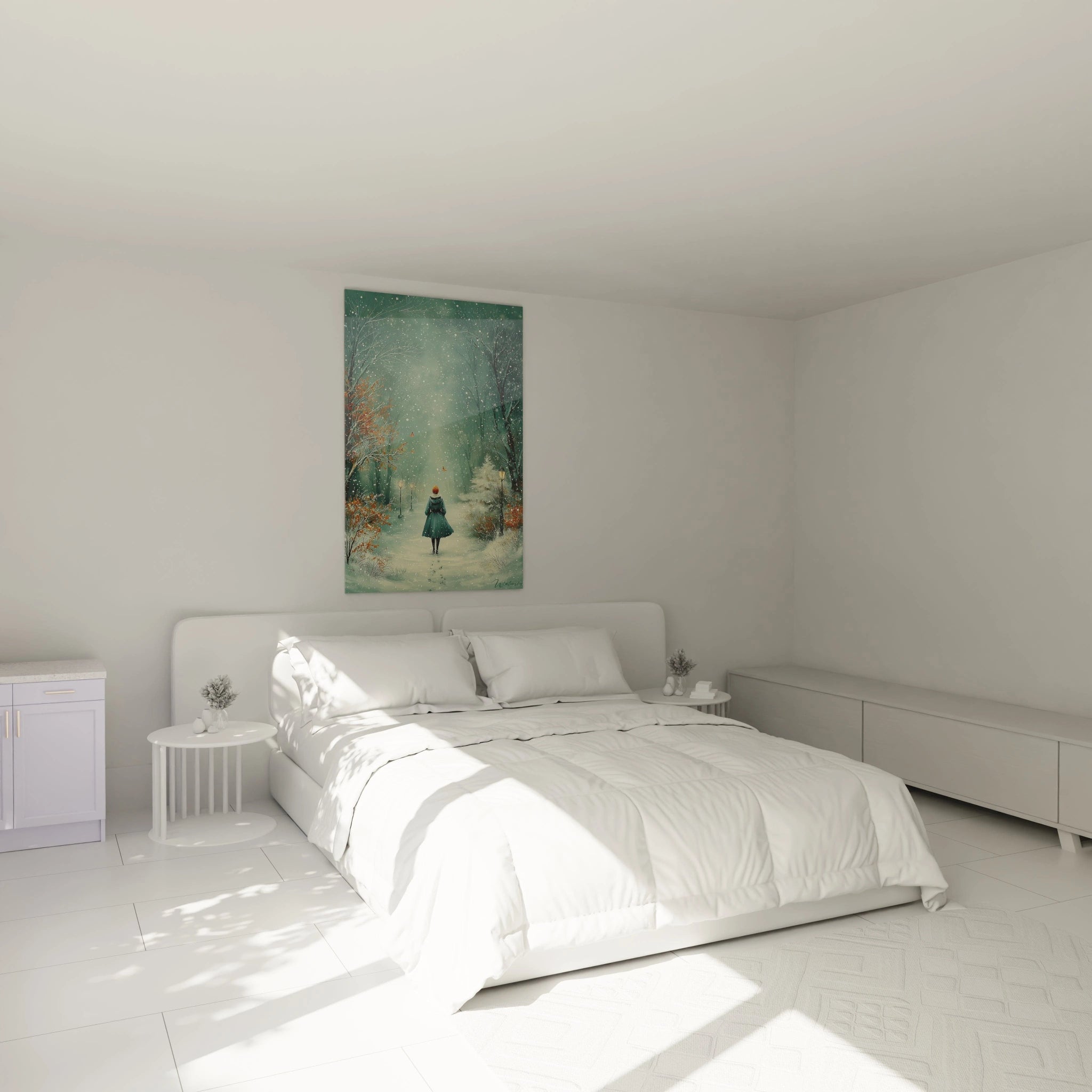 Walensky tableau femme voyage intérieur accroché au dessus d un lit blanc minimaliste dans une chambre lumineuse