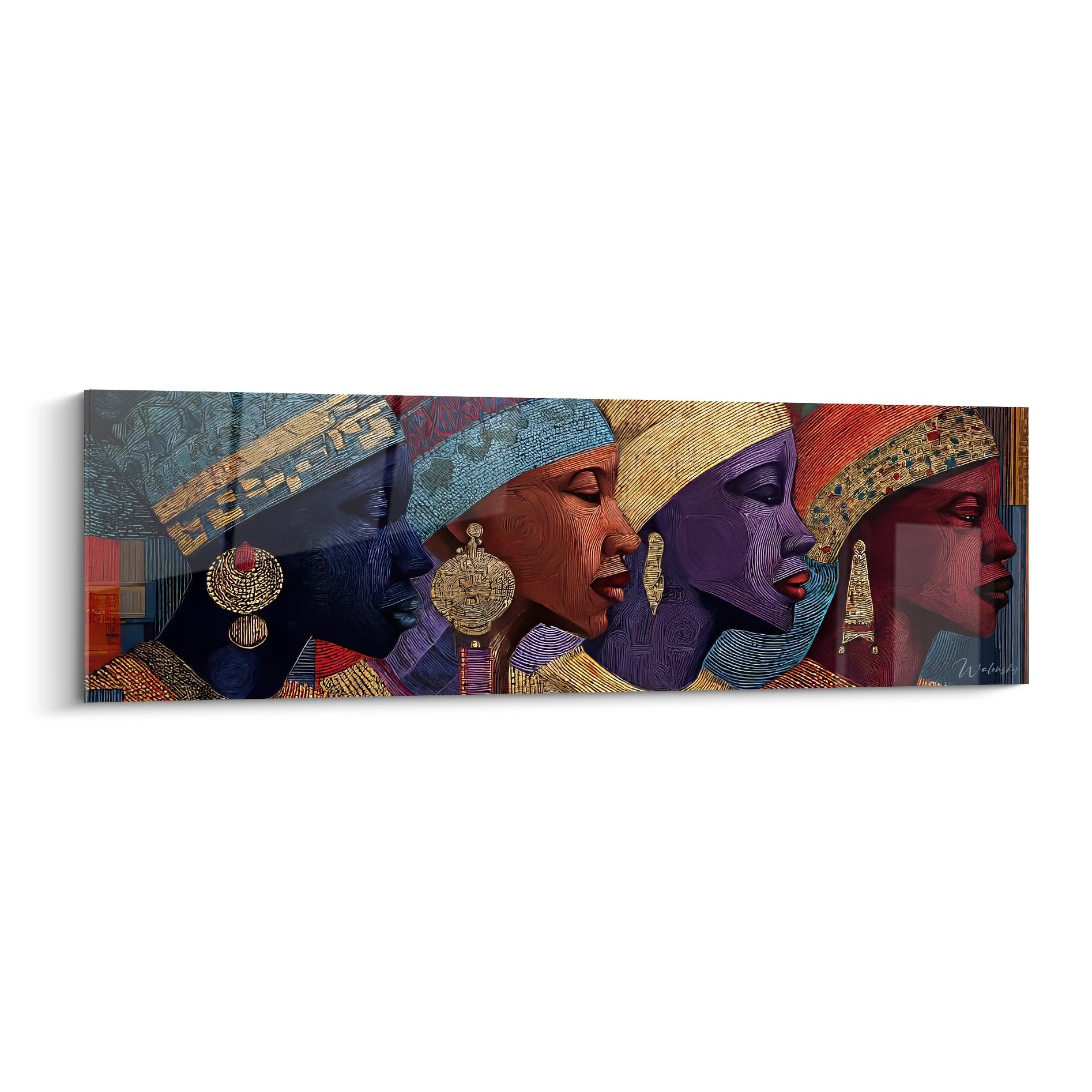 Tableau mural quatre femmes africaines aux bijoux dorés, art contemporain ethnique décoratif