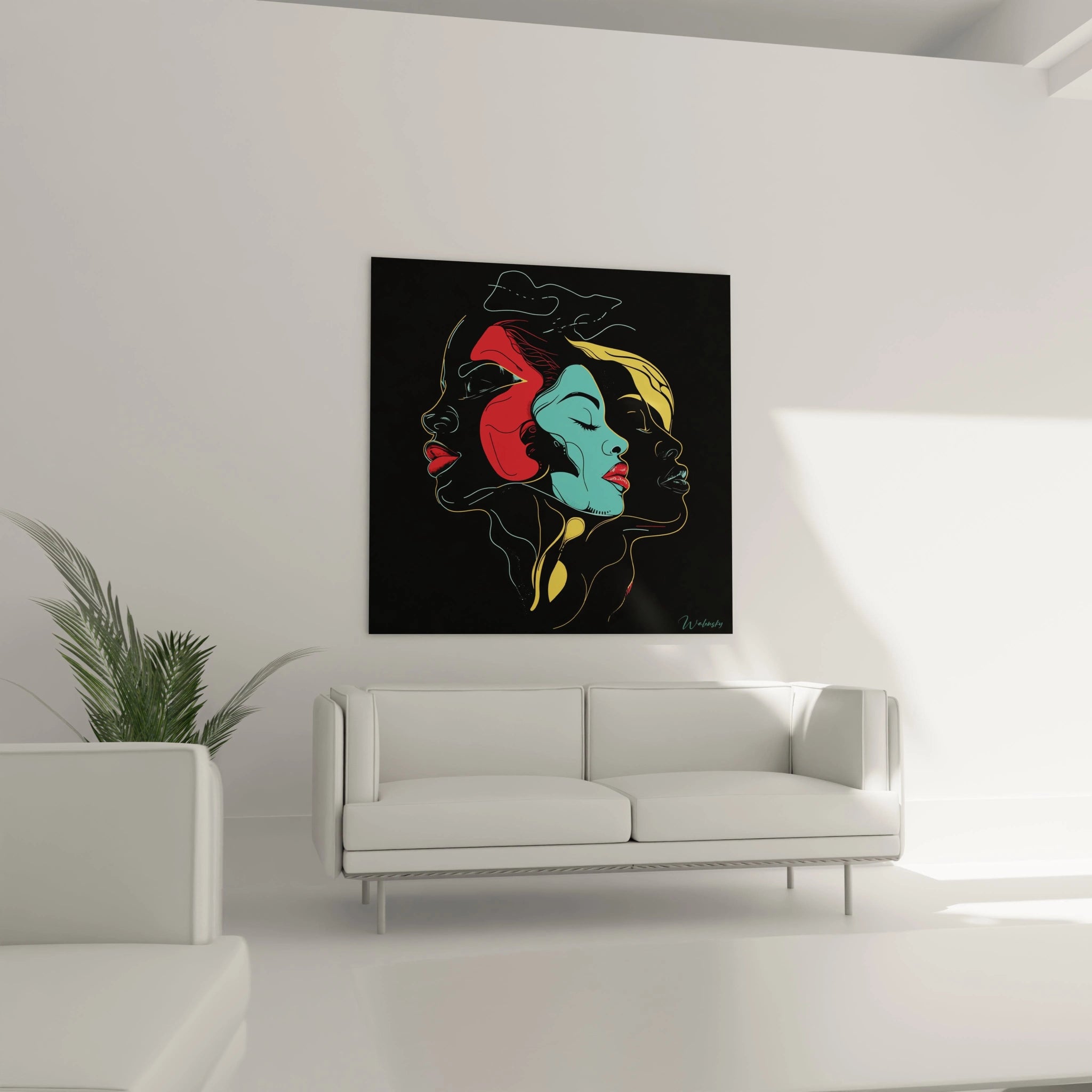 Tableau africain mural coloré représentant trois profils de visages féminins sur fond noir dans un salon moderne