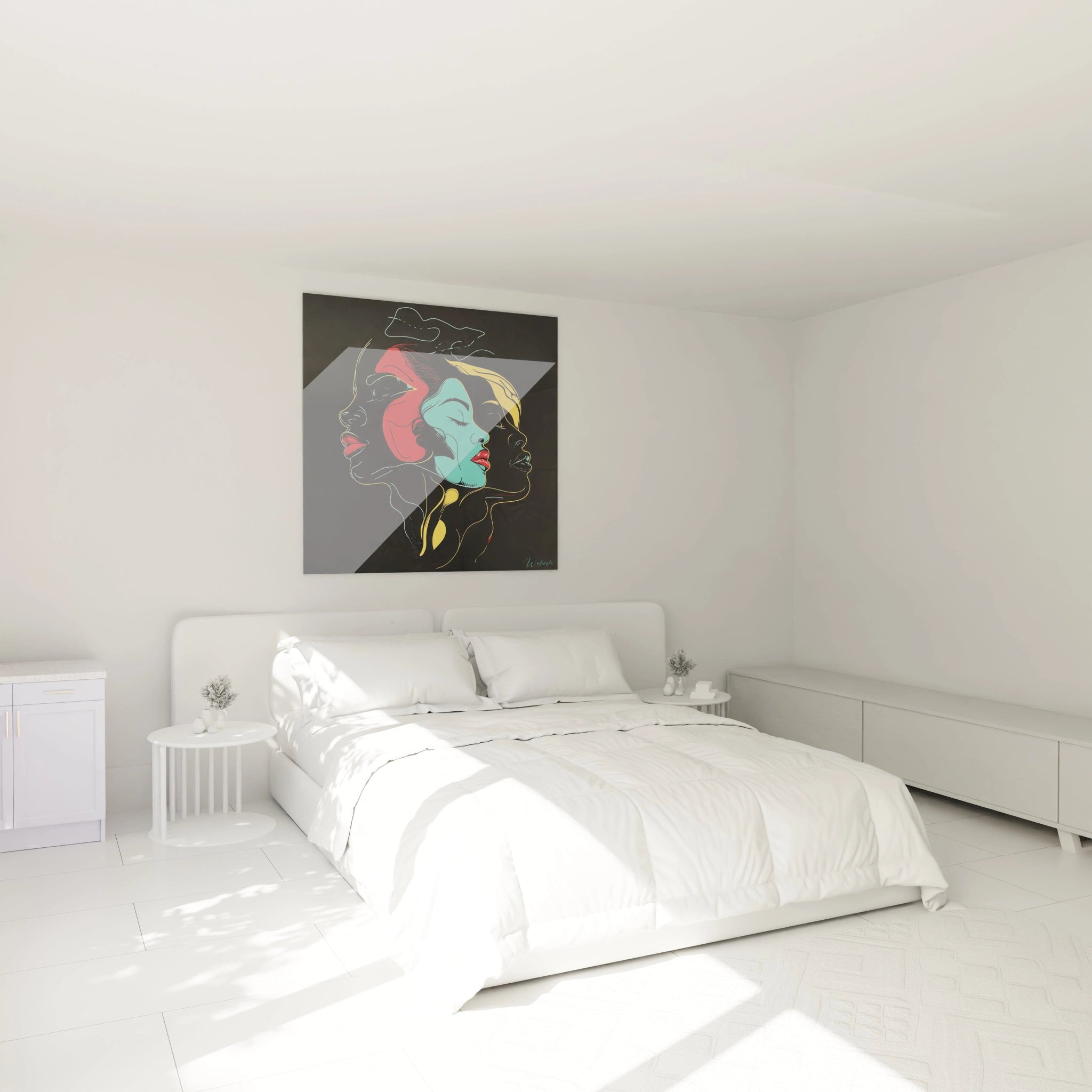 Tableau africain mural Walensky représentant une tortue dans une chambre lumineuse et décorée en blanc
