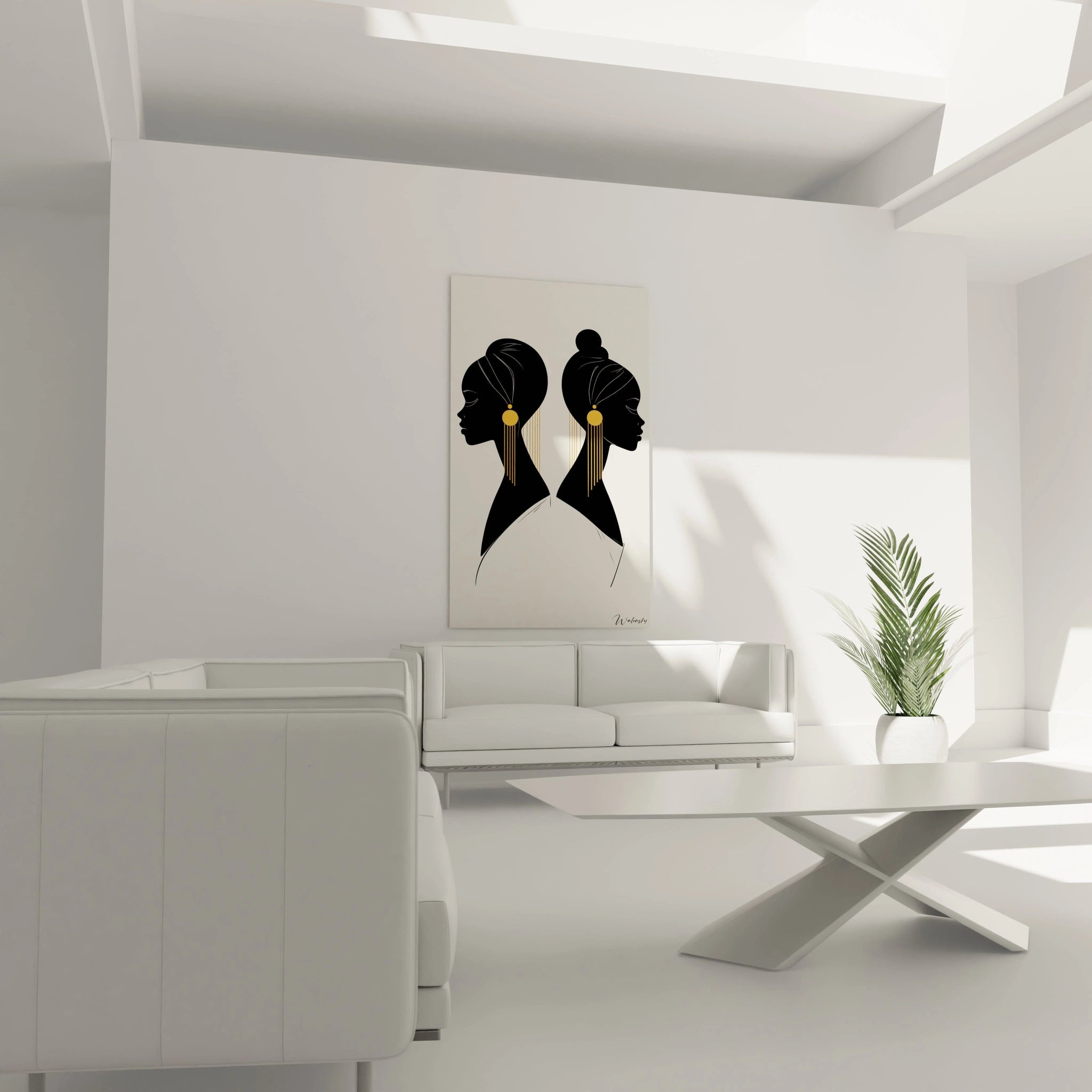 Tableau africain mural avec papillons bleus décorant un salon moderne lumière naturelle