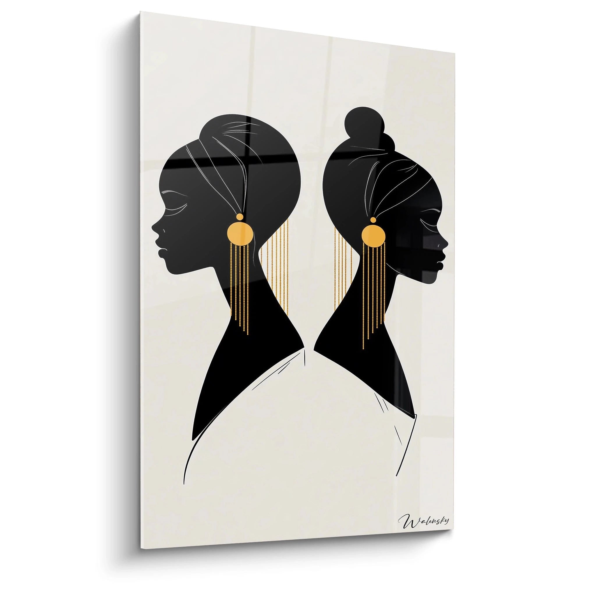 Tableau africain mural Walensky représentant deux profils féminins stylisés avec boucles d'oreilles dorées