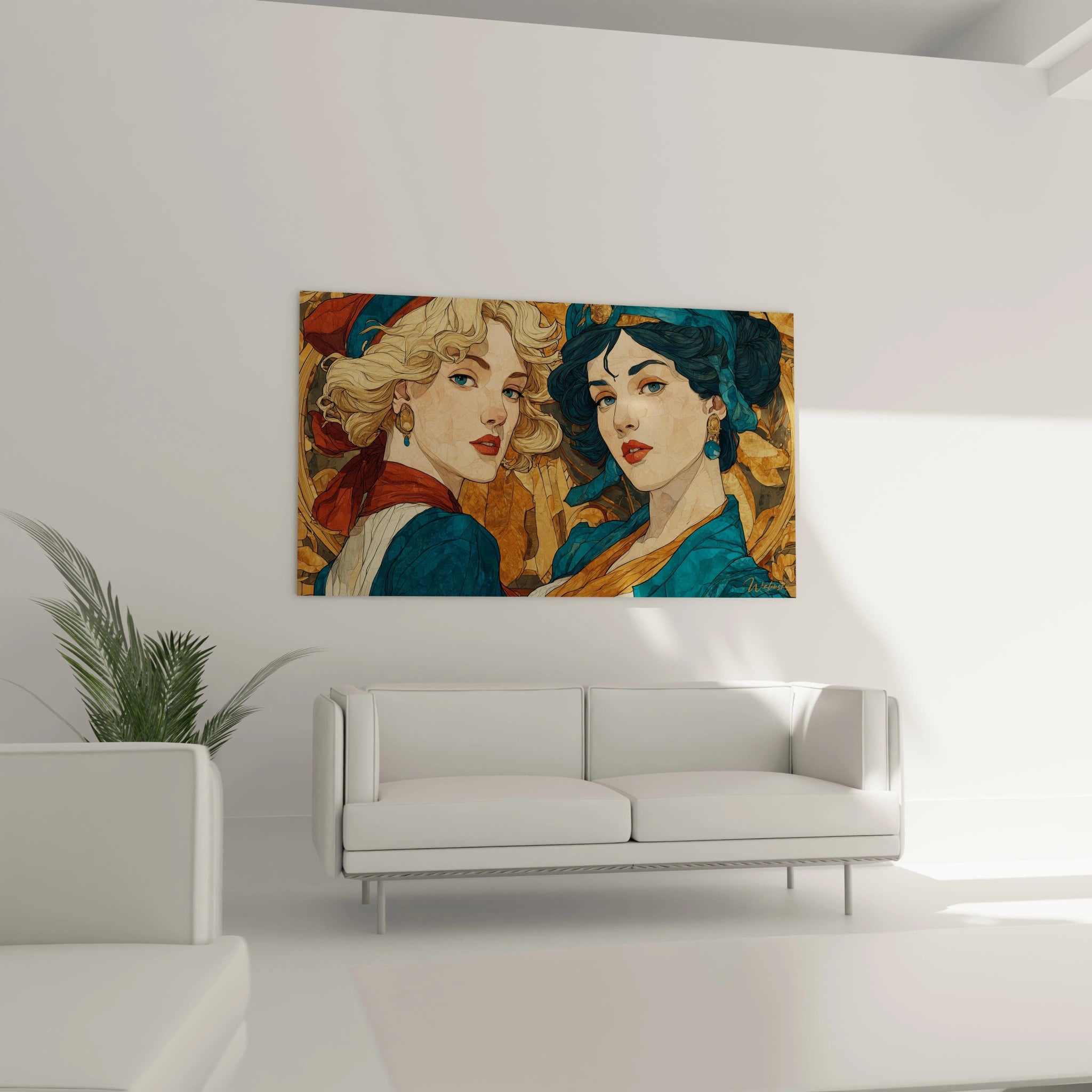 tableau art nouveau femmes représentant deux portraits colorés accroché au dessus du canapé blanc