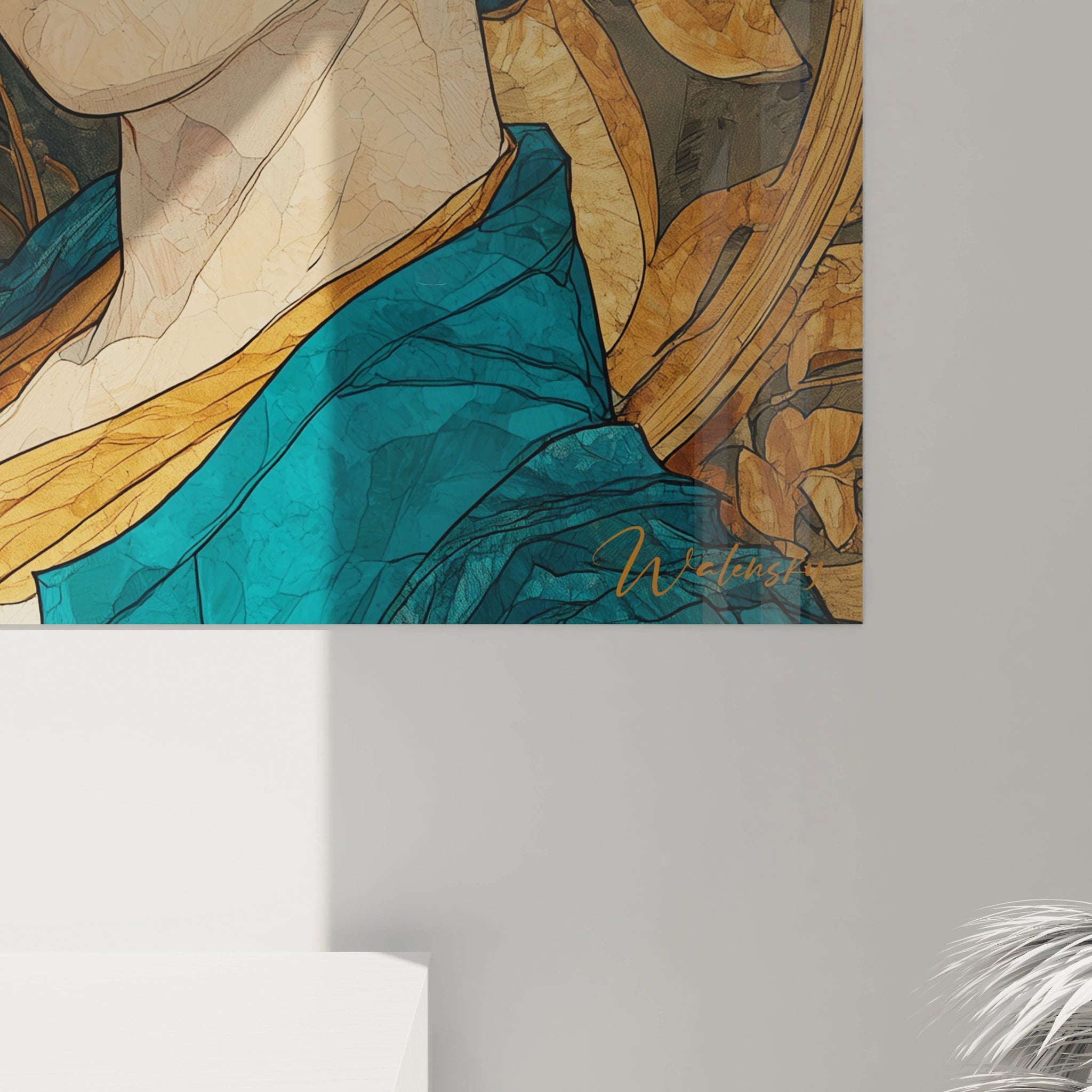 tableau art nouveau femmes Walensky portrait mural partiel de femme en bleu et or avec motif floral