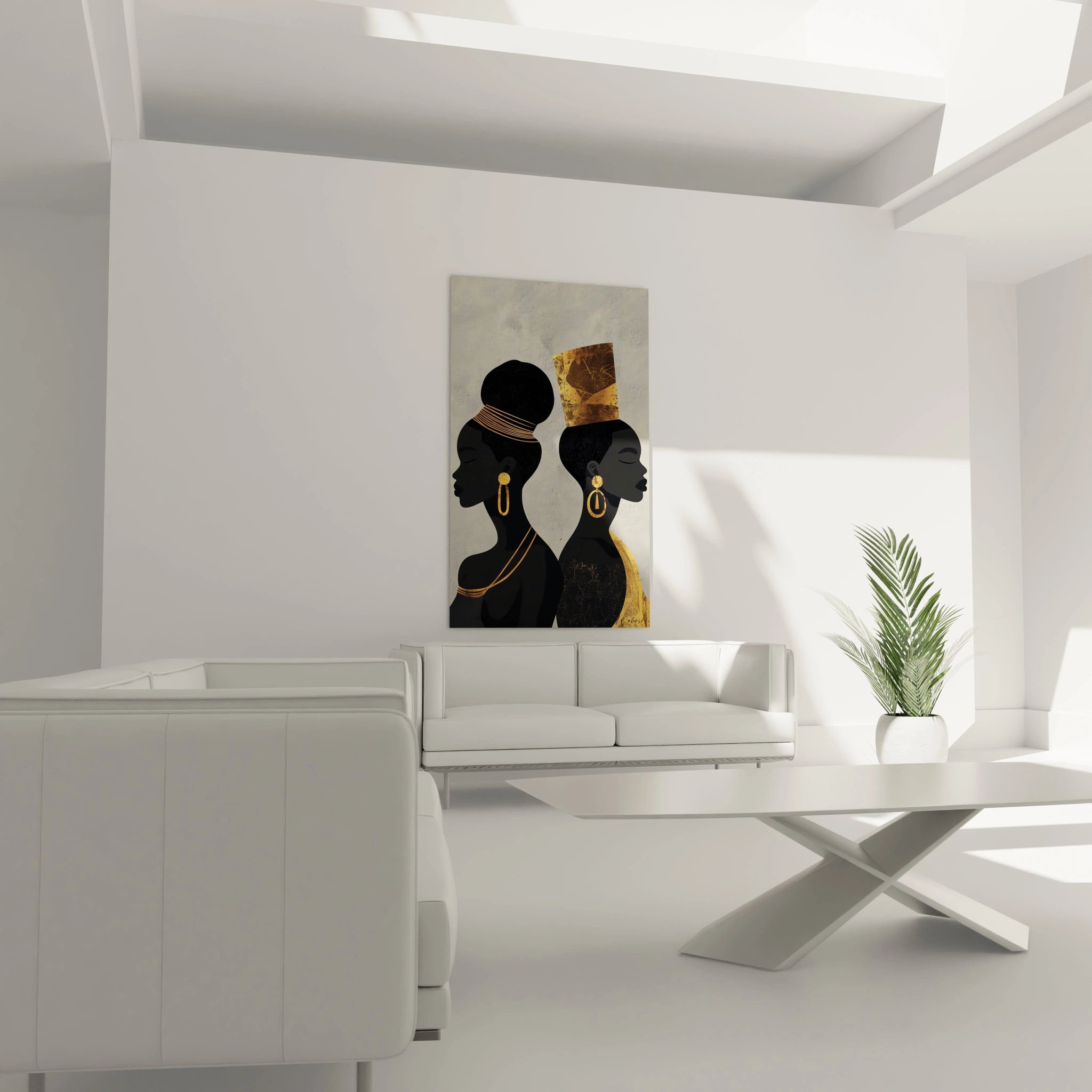 Tableau Egypte mural Walensky représentant deux femmes africaines en profil avec bijoux dorés
