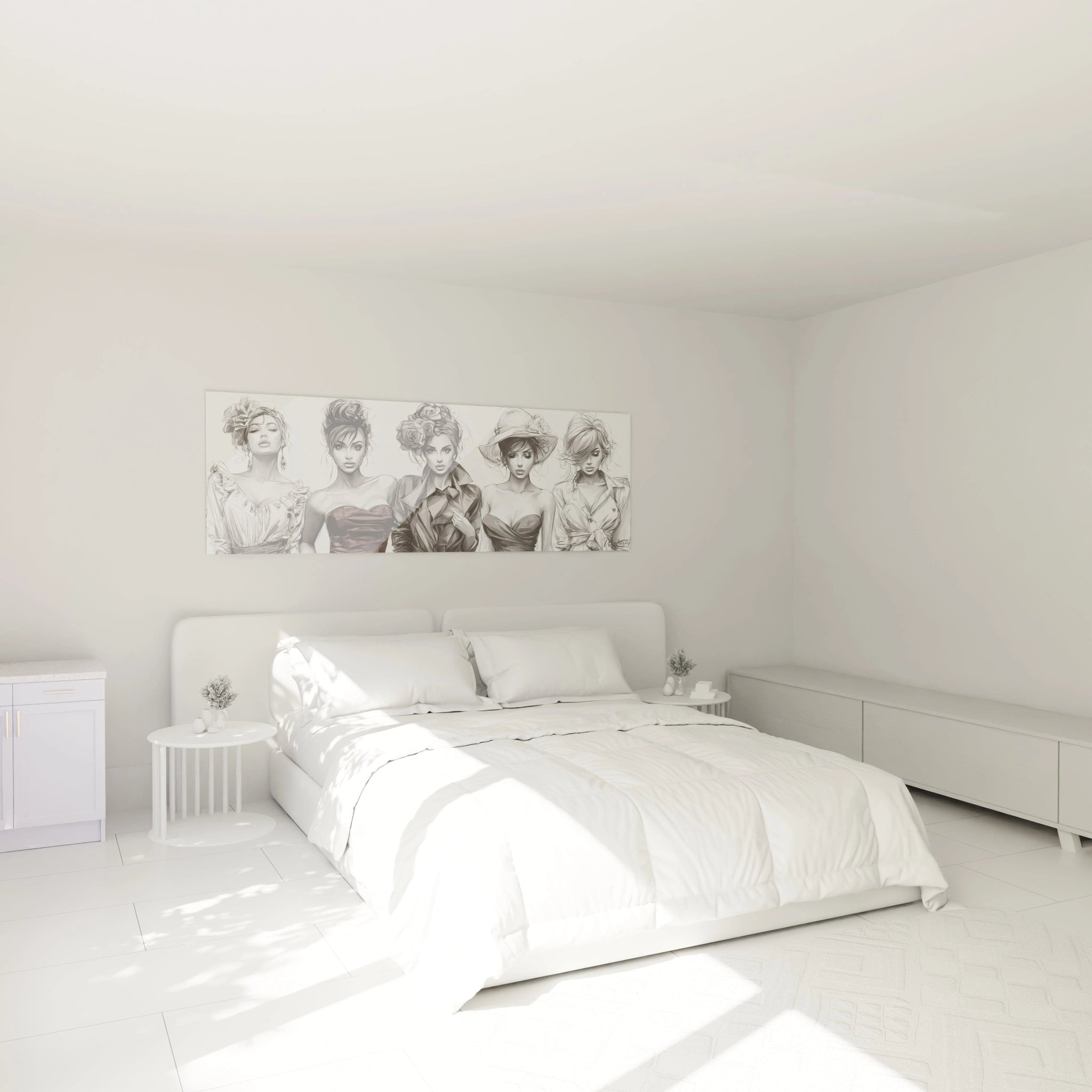 Tableau femmes élégantes en noir et blanc, décorant un mur dans une chambre moderne et lumineuse