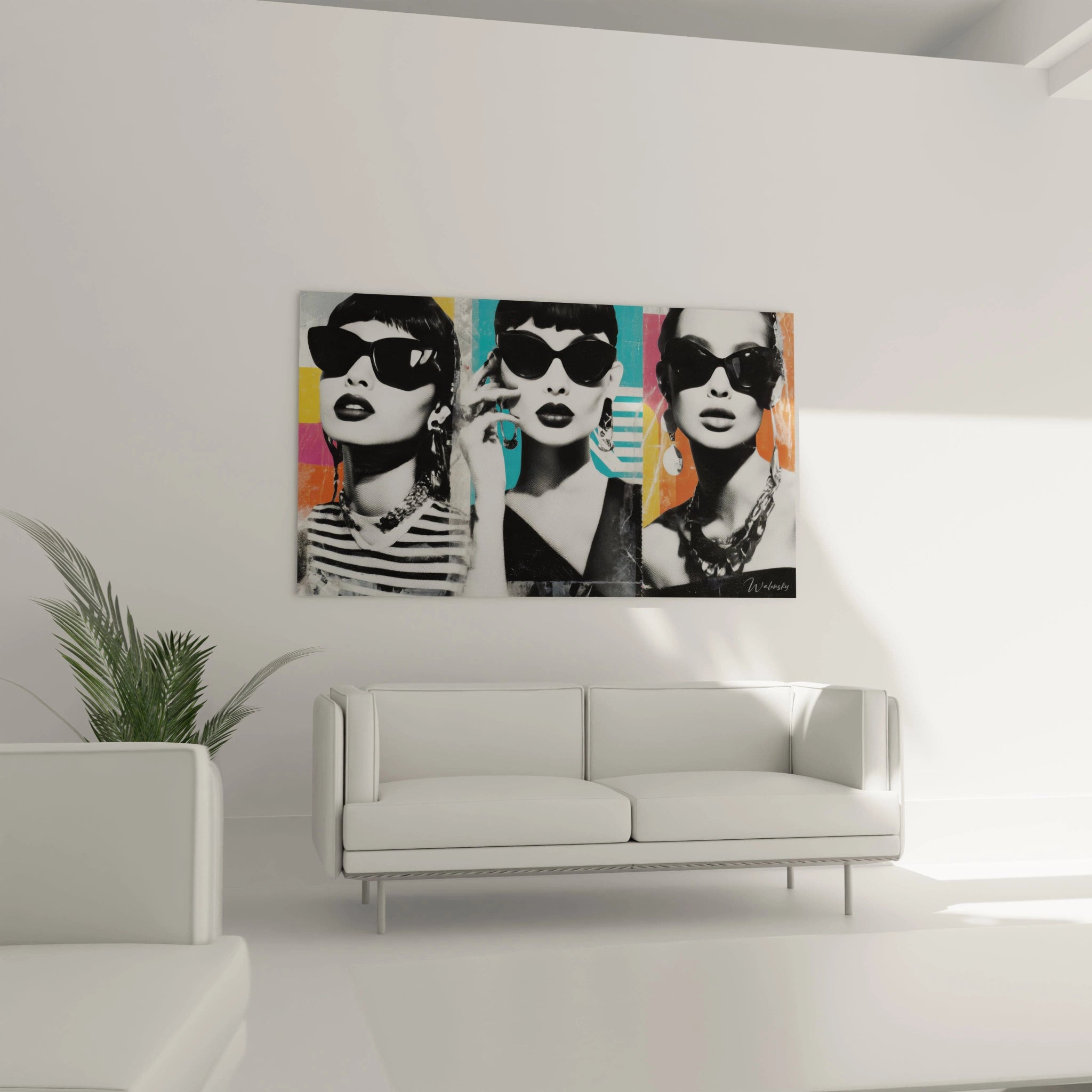 Tableau femmes glamour de Walensky avec trois portraits stylés en noir et blanc sur fond coloré