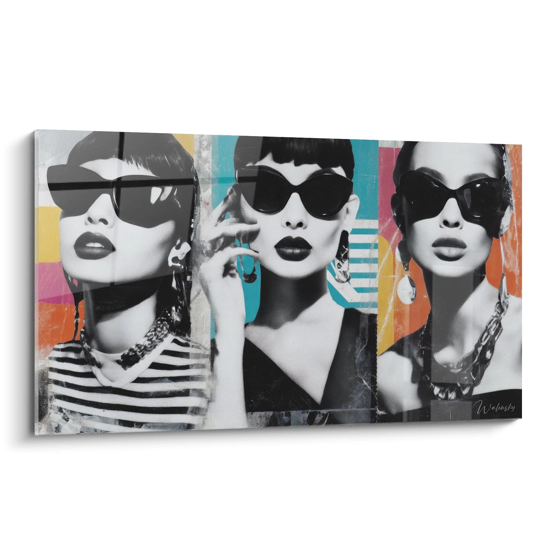 Tableau mural femmes glamour en noir et blanc avec lunettes de soleil et touches de couleur