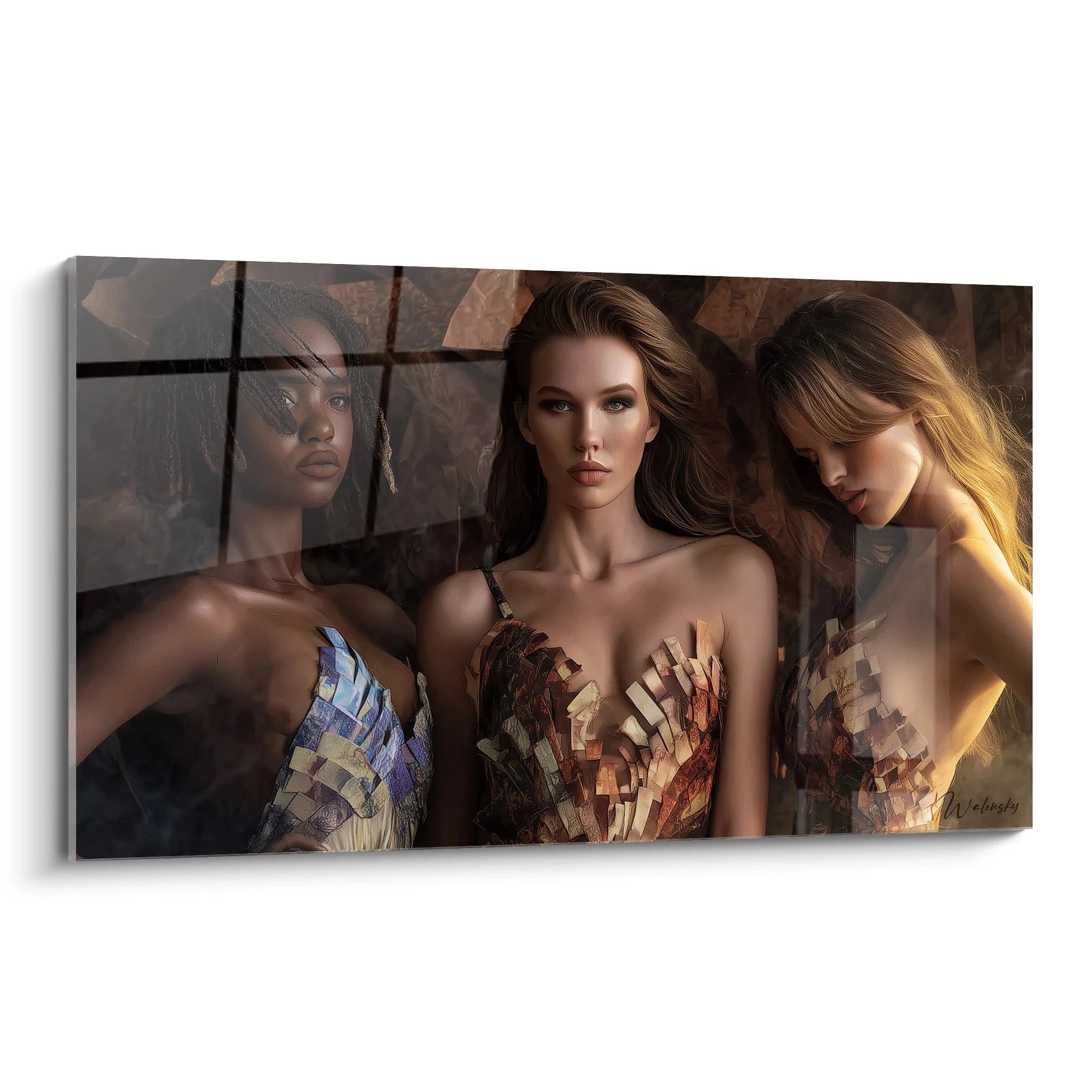 Tableau femmes modernes de Walensky avec trois portraits stylisés de femmes en arrière-plan