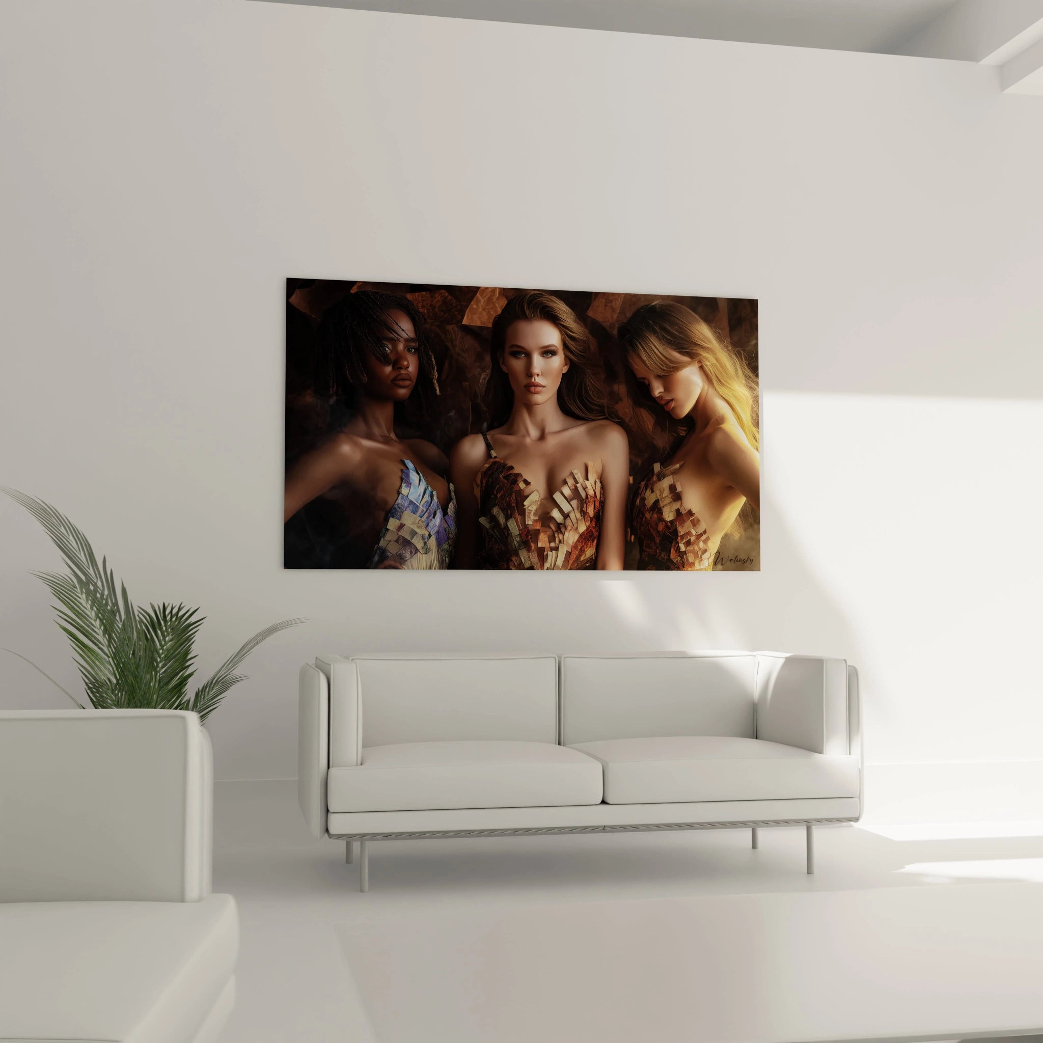 Tableau femmes modernes de Walensky illustrant trois femmes avec des motifs artistiques