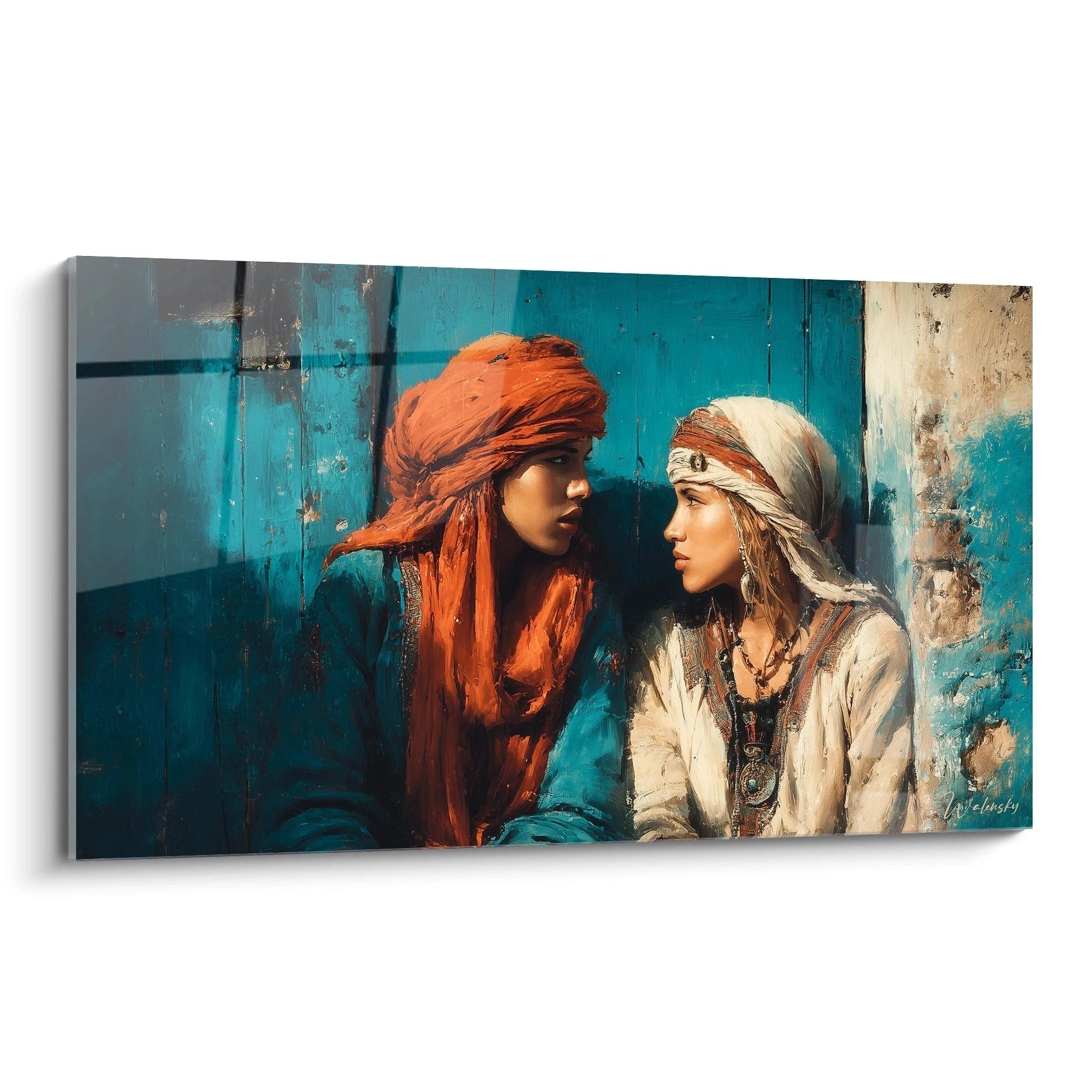 tableau orientalisme femme Walensky représentant deux femmes en turbans orange et blancs sur fond turquoise