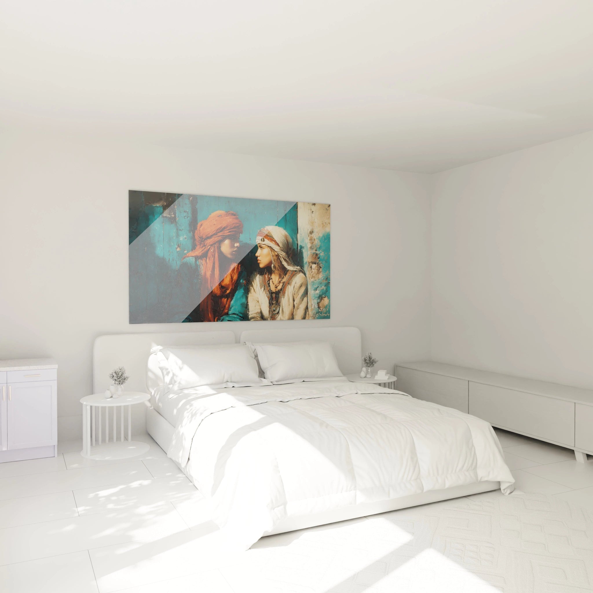 tableau orientalisme femme Walensky accroche au dessus d un lit blanc minimaliste dans une chambre lumineuse