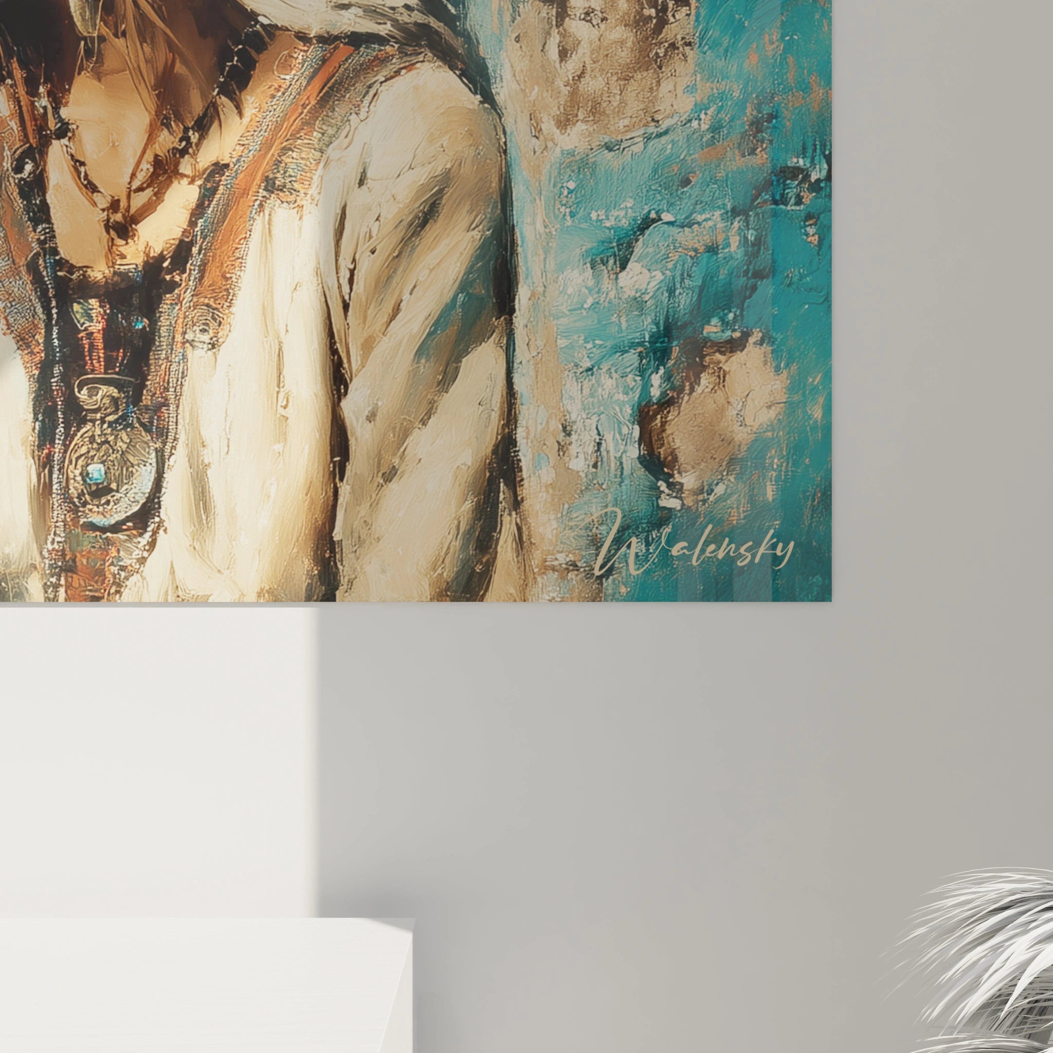 tableau orientalisme femme Walensky montrant le buste peint en épais empâtement colliers et fond turquoise