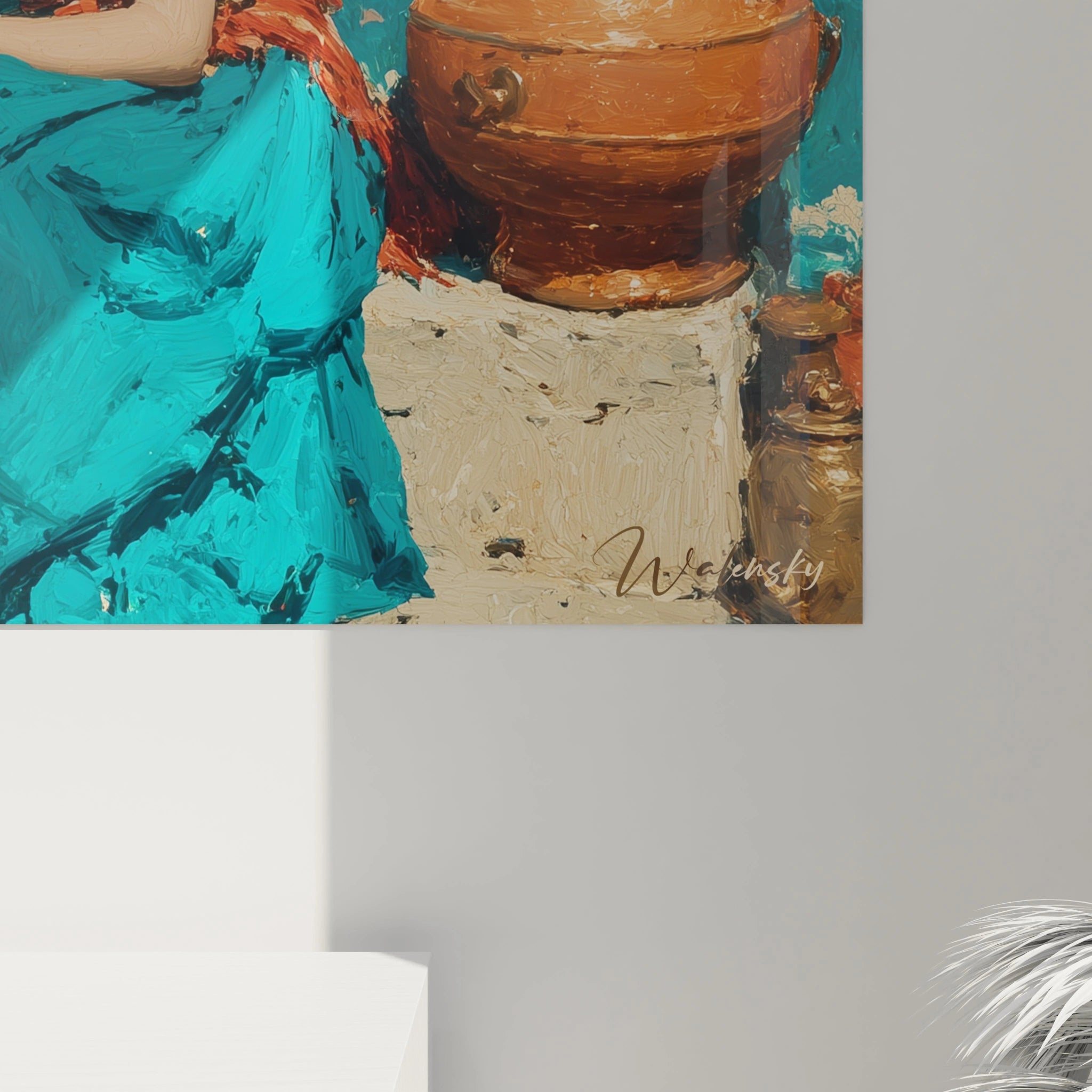 tableau orientalisme femmes Walensky peinture murale femme en robe turquoise pres de amphores en terre cuite