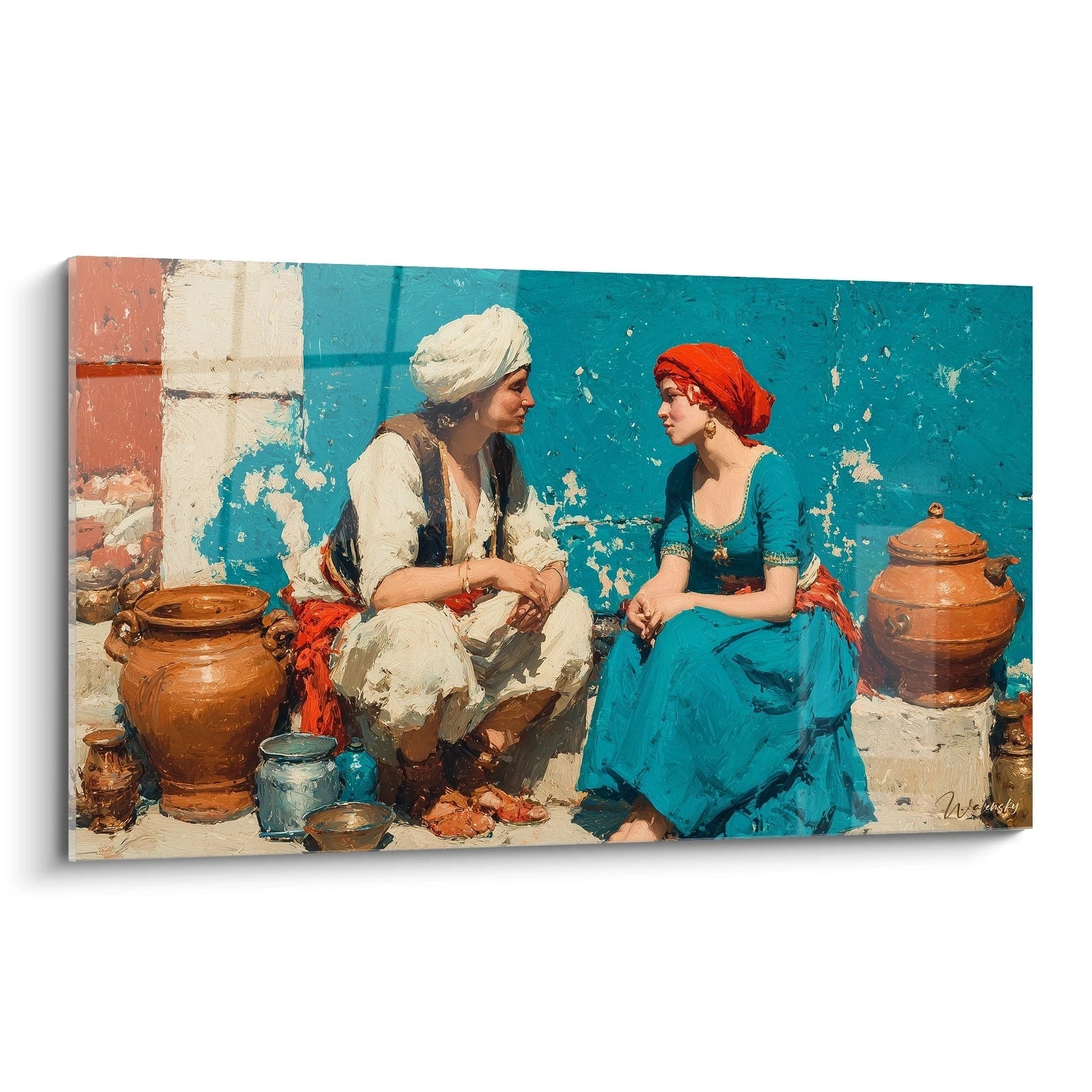 Tableau mural Walensky tableau orientalisme femmes montrant une femme en robe bleue et un homme en turban avec jarres