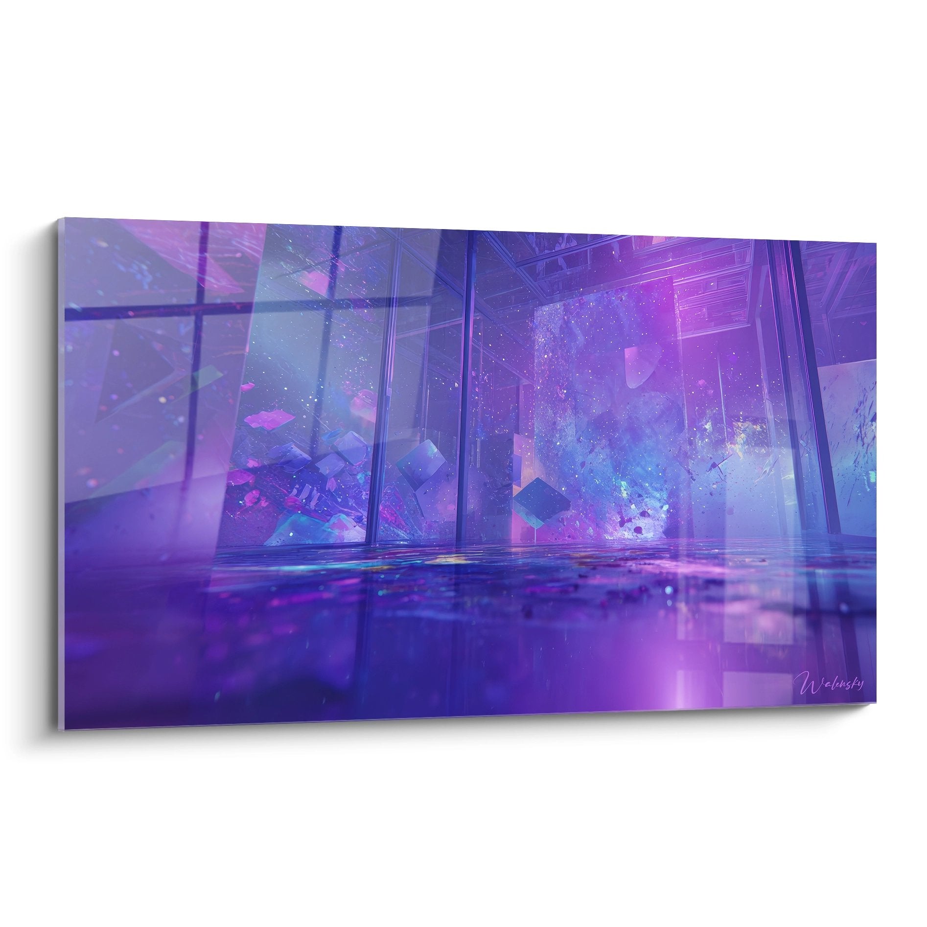 Tableau mural fenêtre cosmique violette style futurisme abstrait avec reflets galactiques