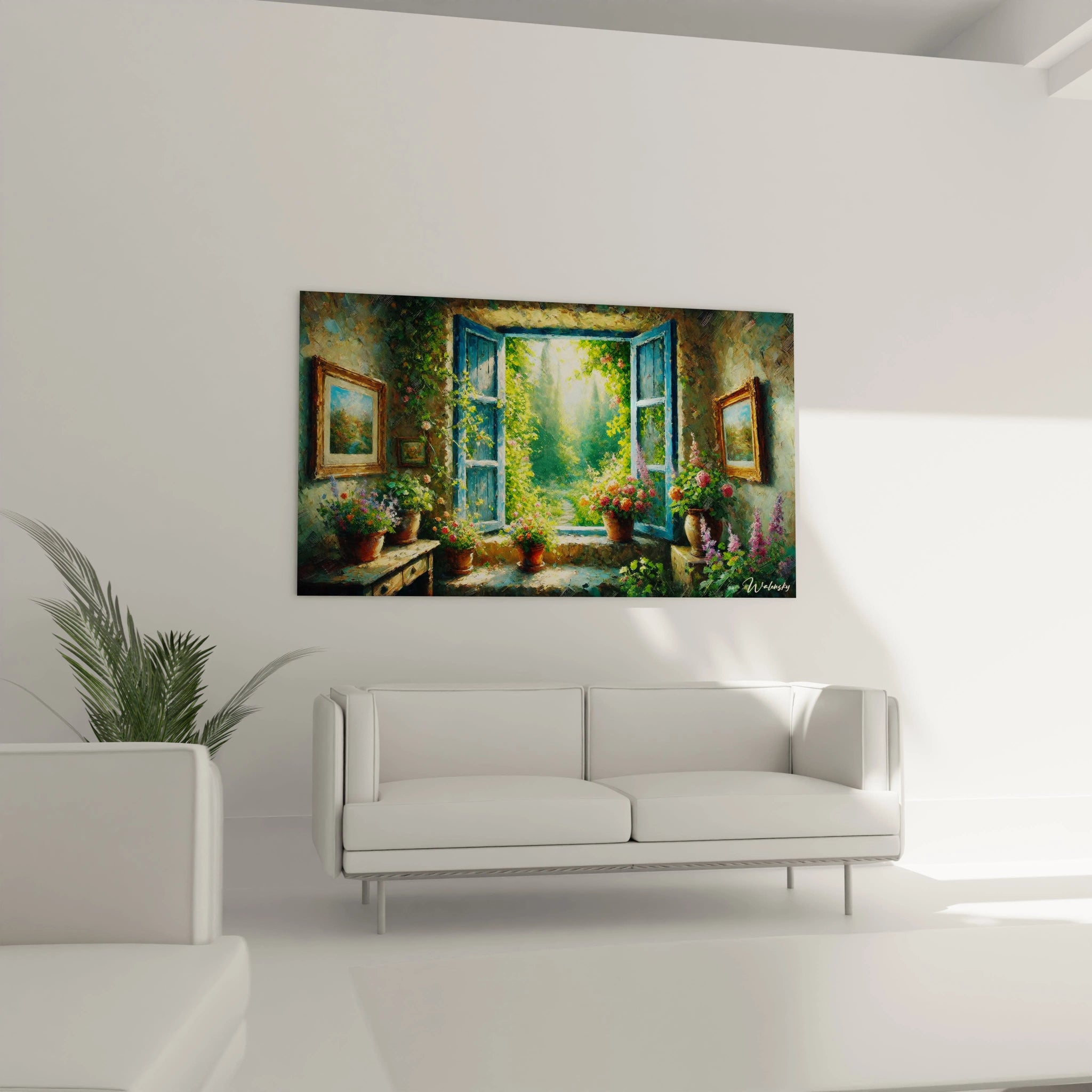 tableau jardin au mur dans un salon au dessus d un canape apportant une ambiance naturelle et bucolique Les couleurs vives et textures realistes subliment le decor et rappellent le bonheur de la campagne