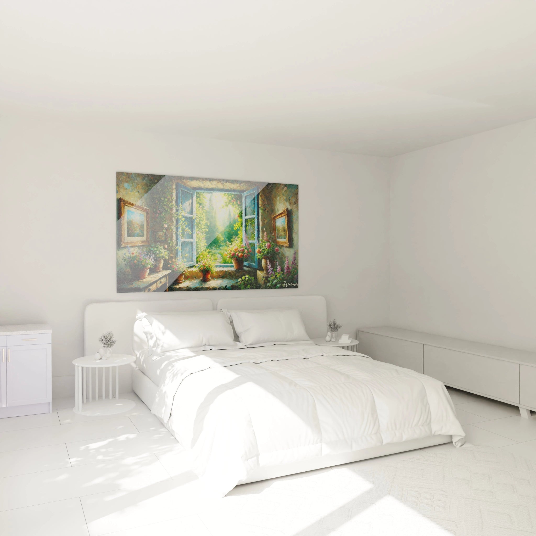 tableau jardin dans une chambre accroche au mur au dessus du lit evoquant la serenite d un matin baigne de lumiere dorée Le vert et bleu apportent fraicheur et apaisement a cet espace de repos